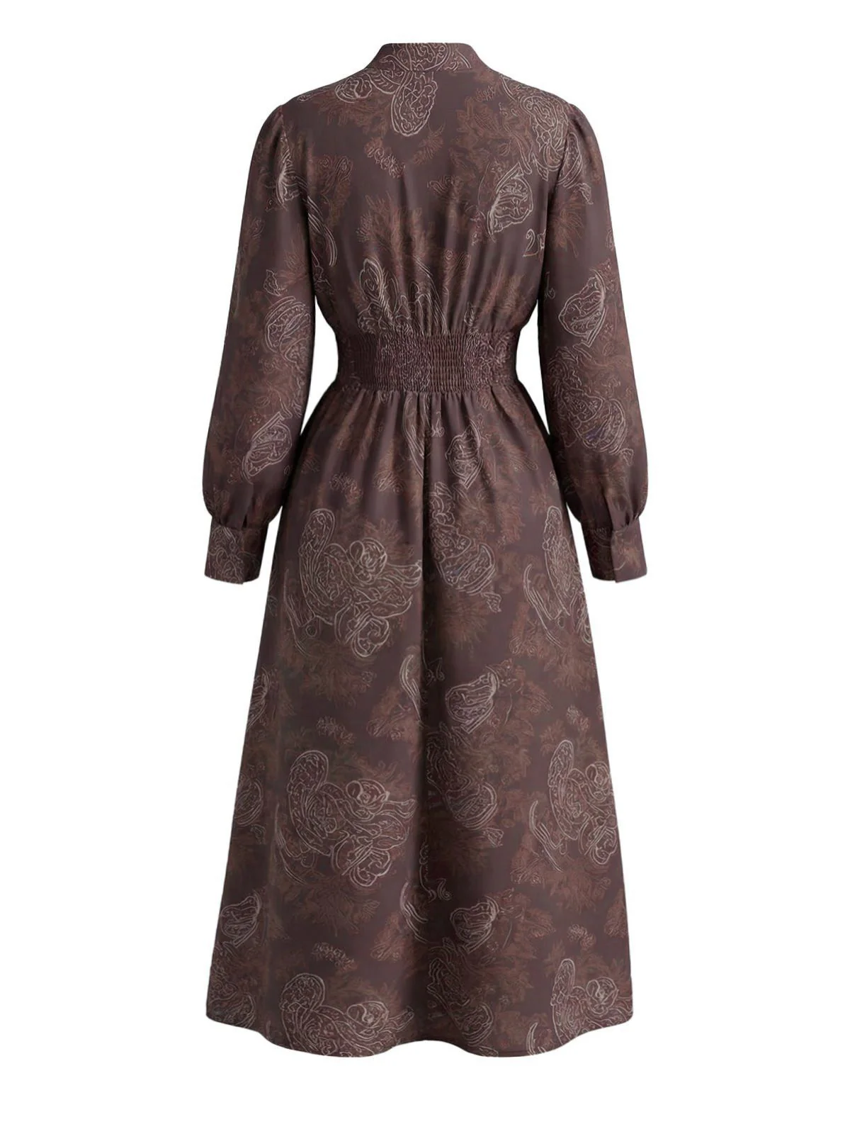 Brown 1970s Boho Paisley Stand V-Neck Smocked Dress - Image 3