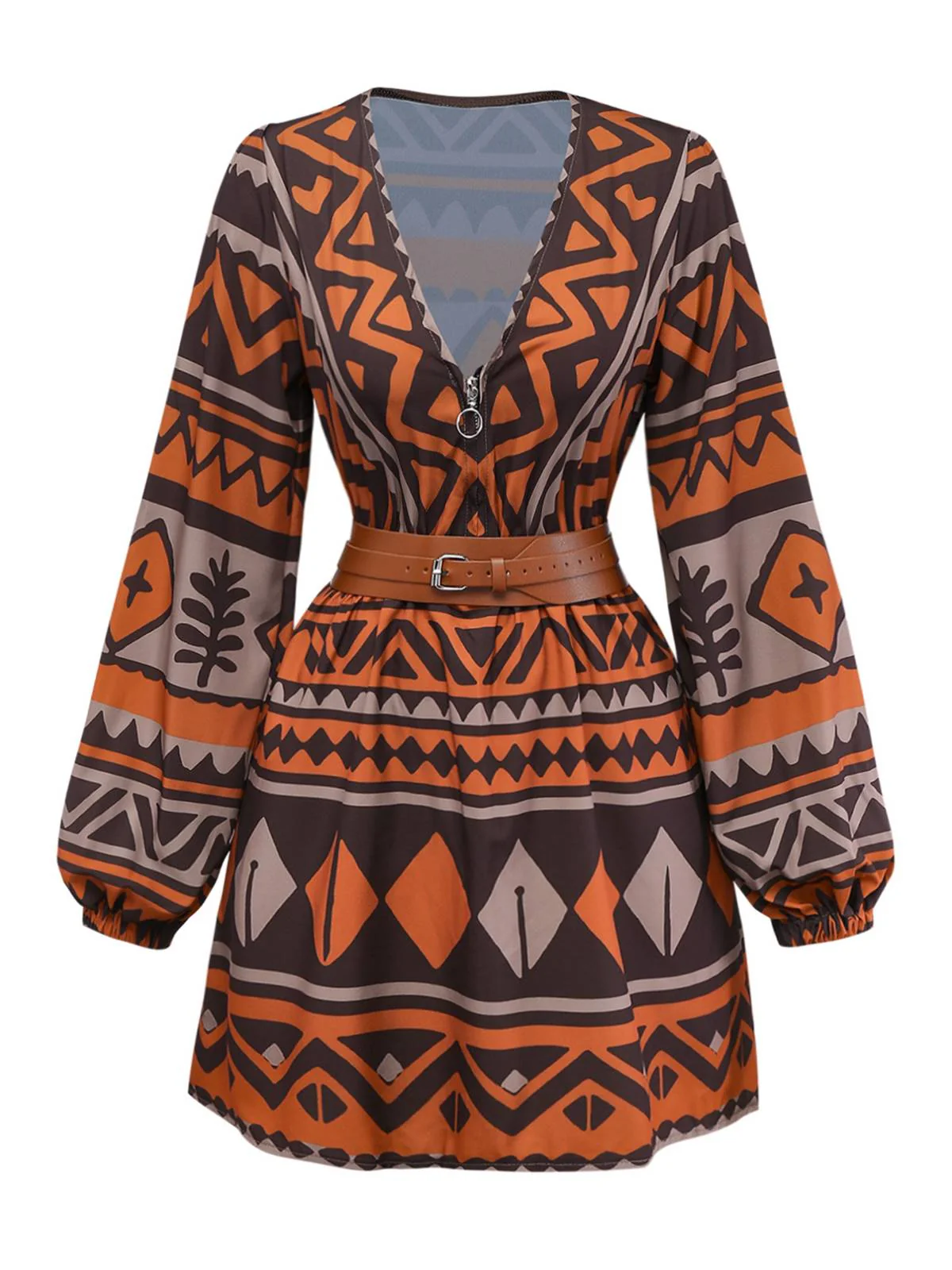 Brown 1970s Deep V-Neck Tirbal Print Boho Dress - Image 2