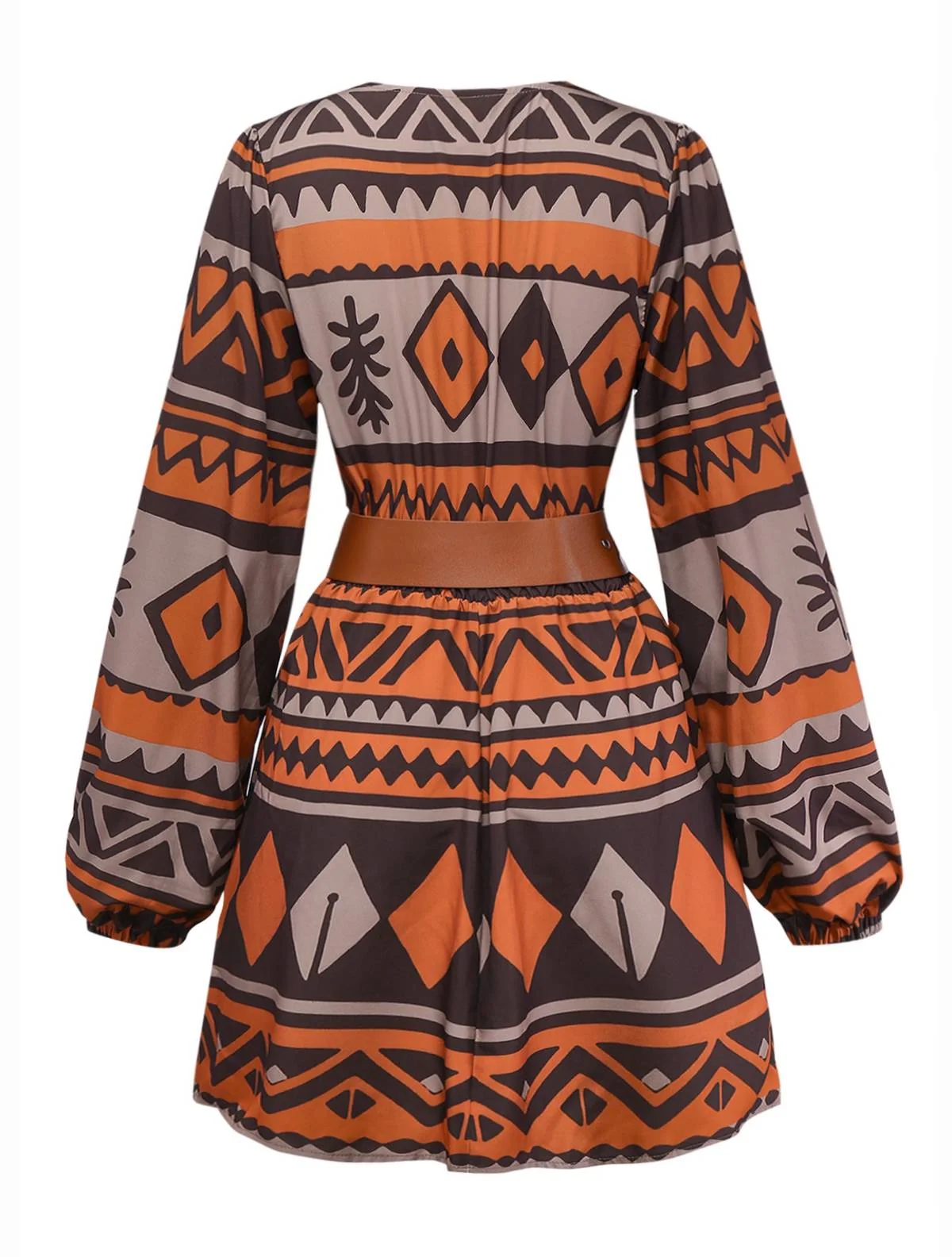 Brown 1970s Deep V-Neck Tirbal Print Boho Dress - Image 3