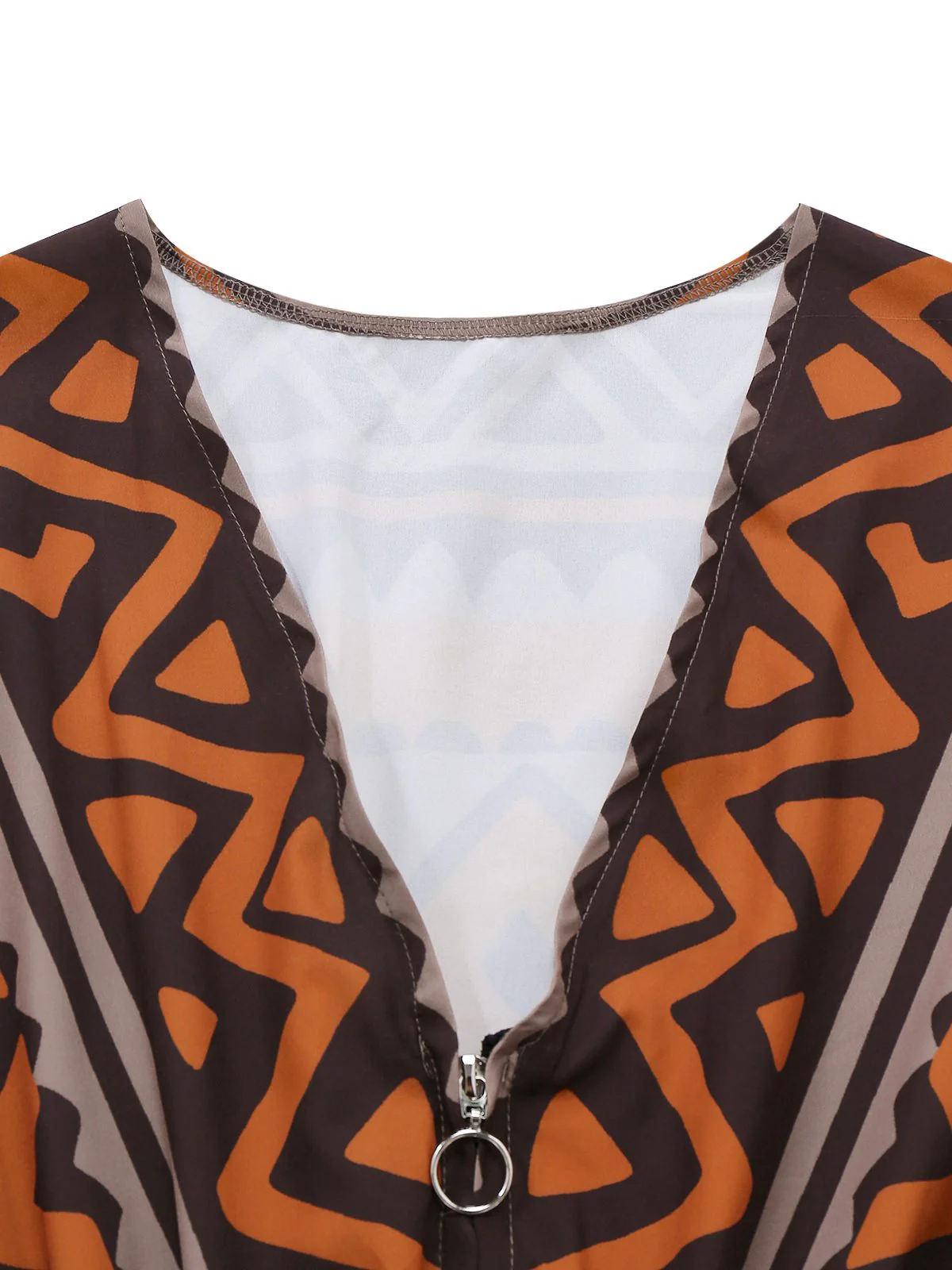 Brown 1970s Deep V-Neck Tirbal Print Boho Dress - Image 4
