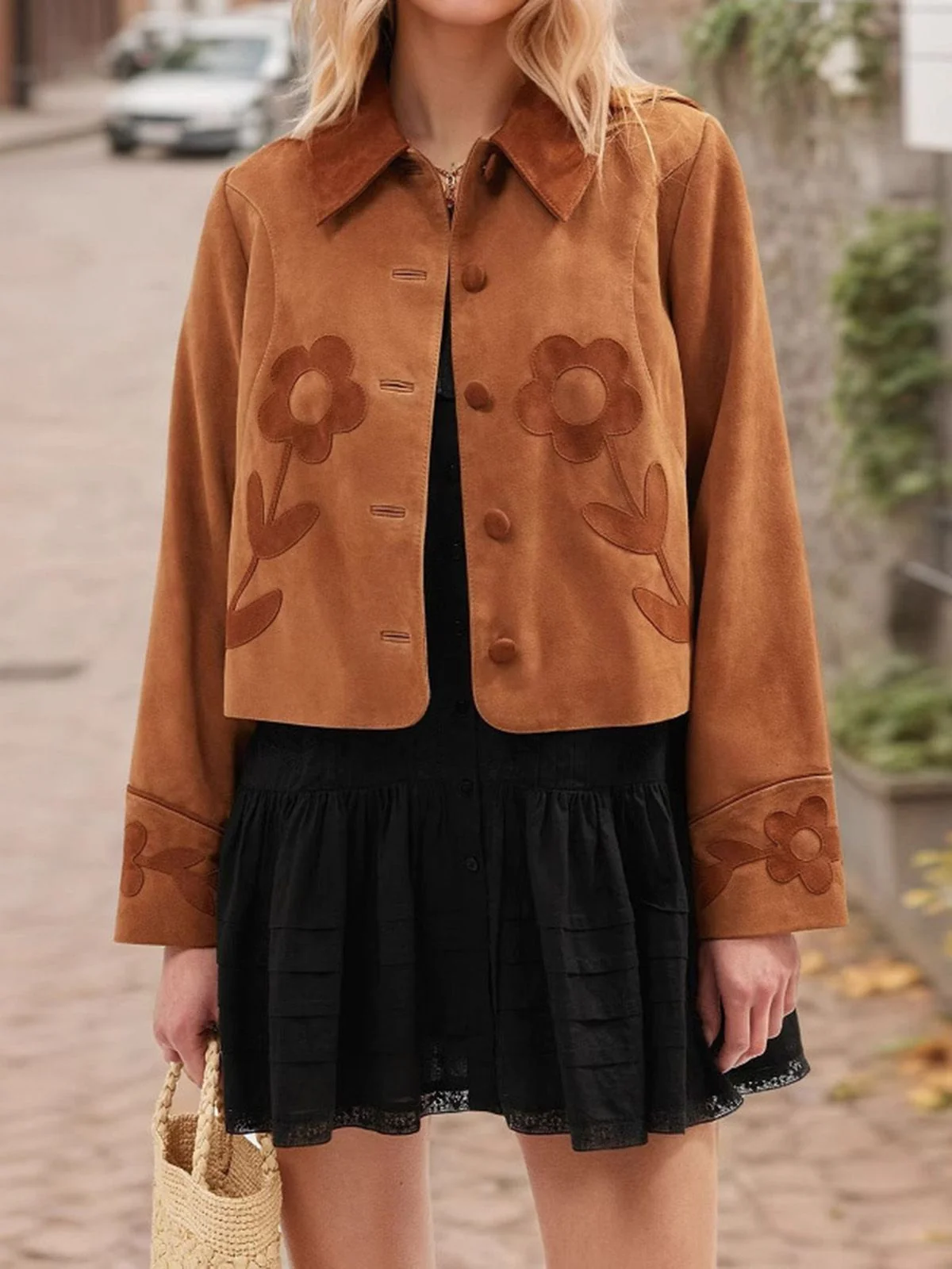 Brown 1970s Floral Suede Button Jacket - Image 3