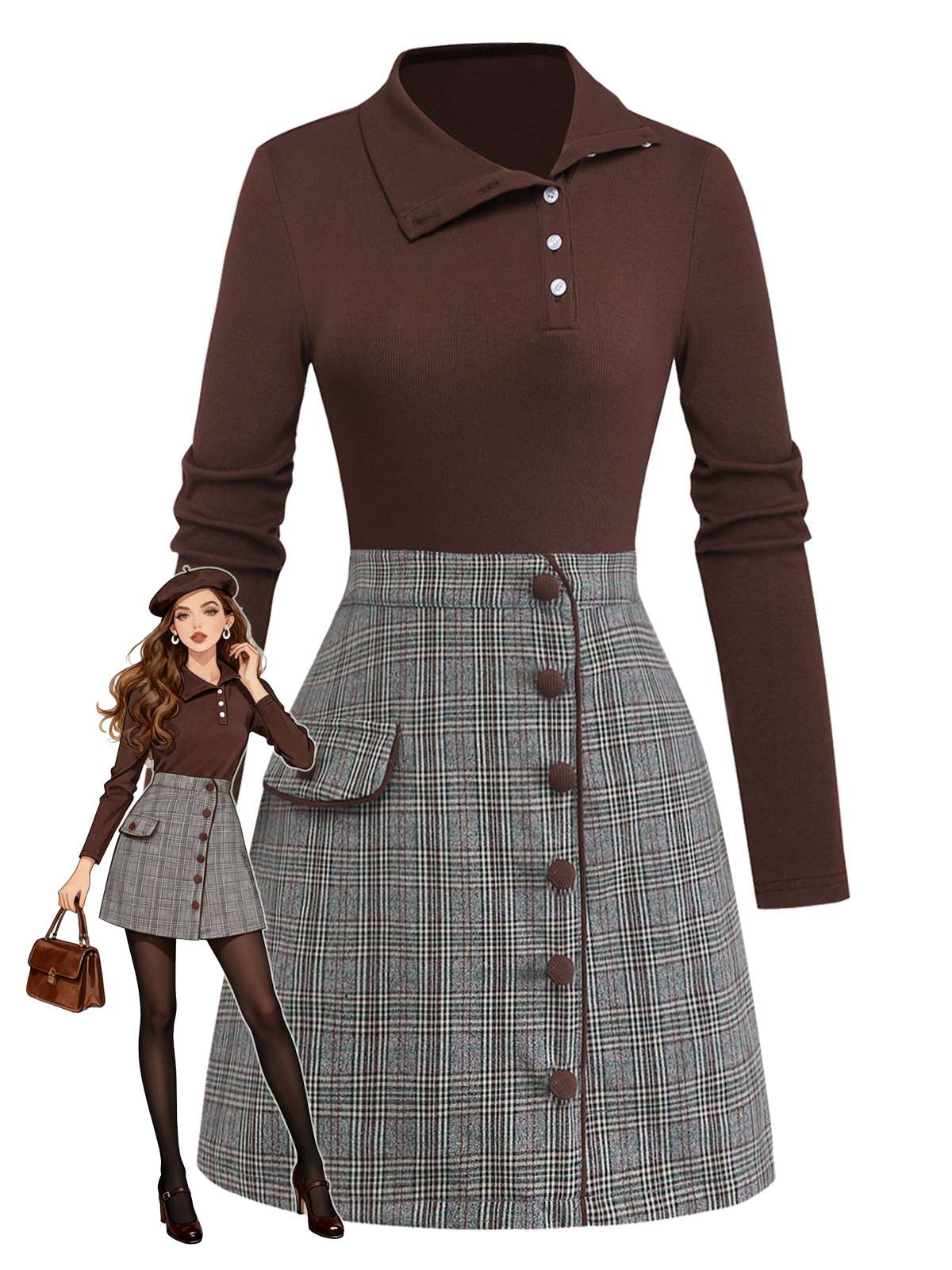 Brown 1970s Knitted Plaid Asymmetrical Neck Dress - Image 4
