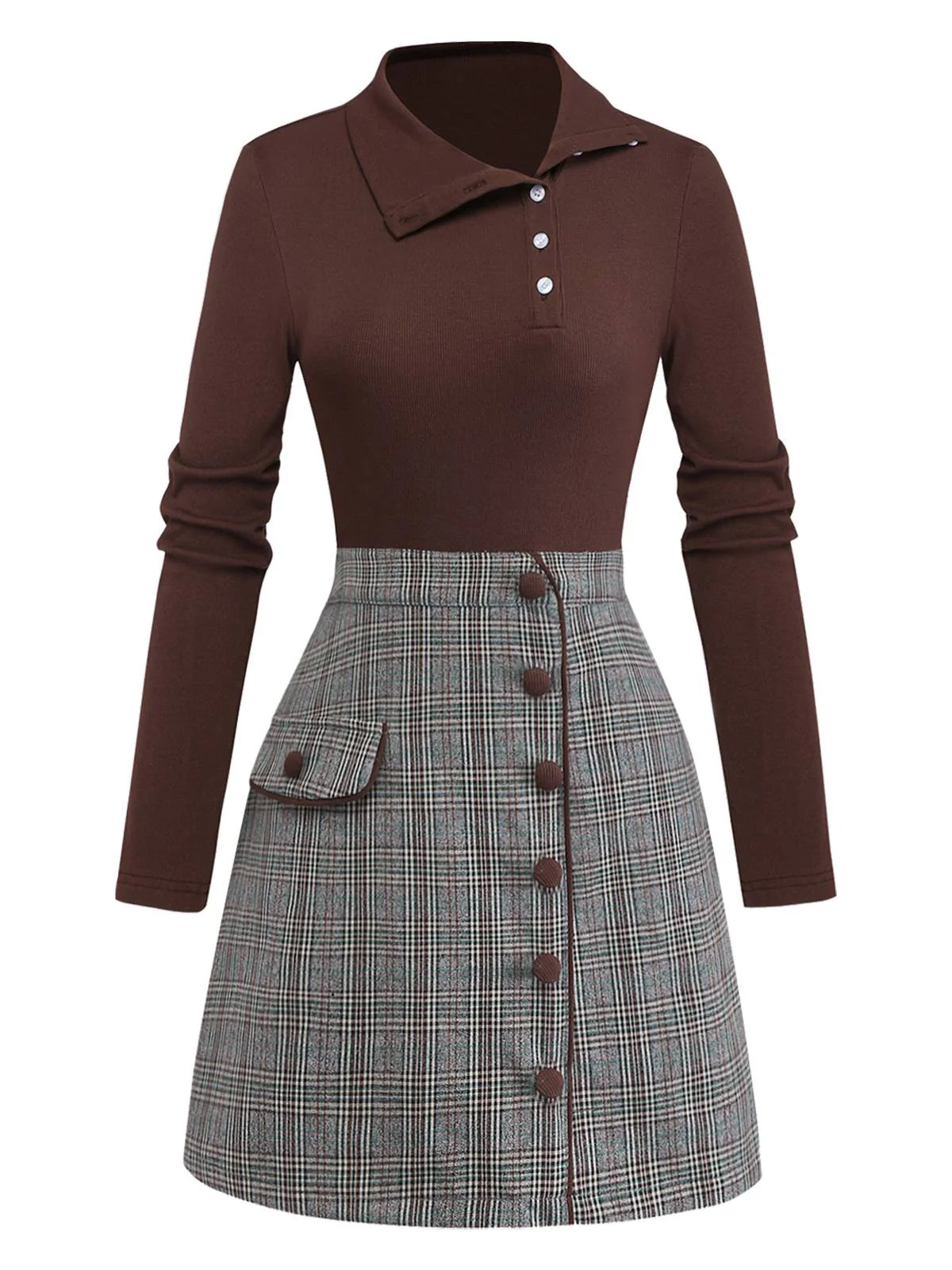 Brown 1970s Knitted Plaid Asymmetrical Neck Dress - Image 5