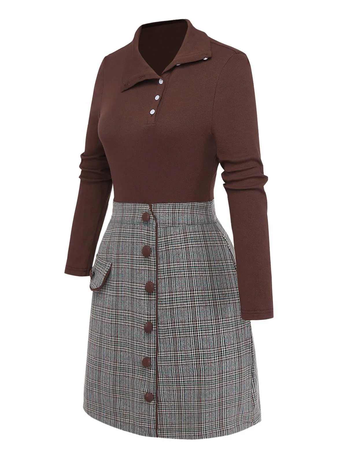 Brown 1970s Knitted Plaid Asymmetrical Neck Dress - Image 6
