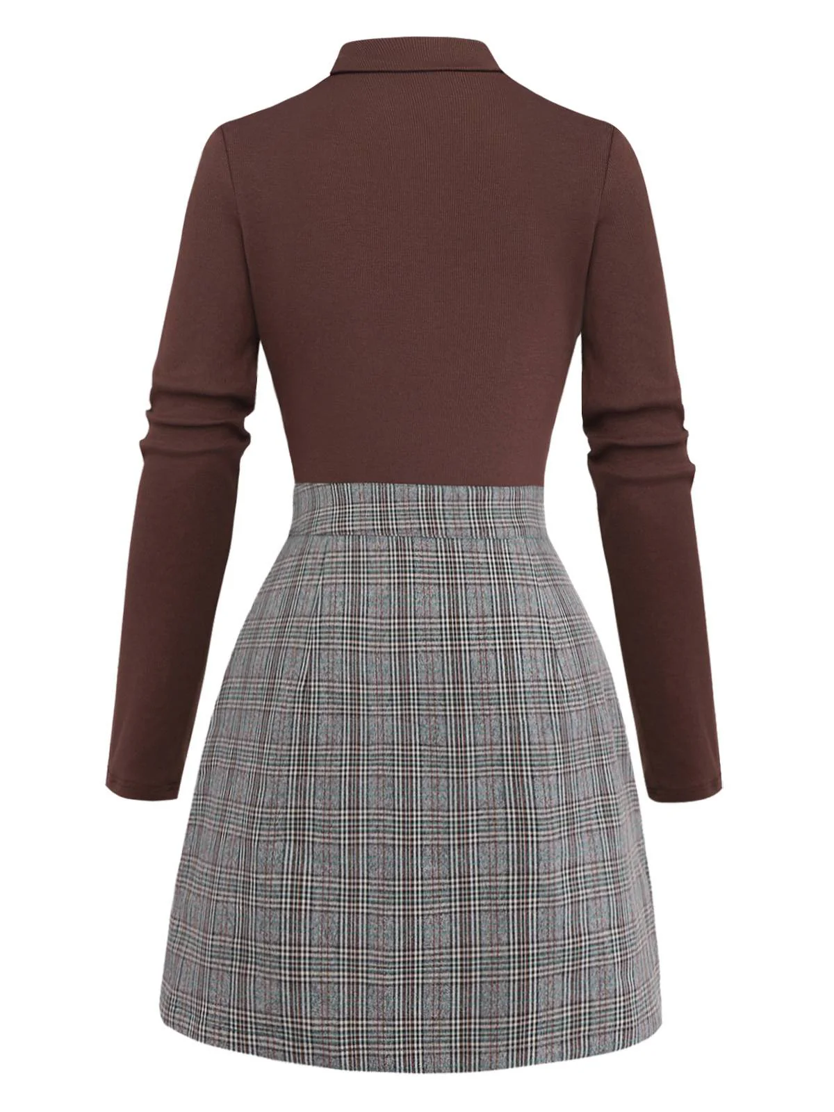 Brown 1970s Knitted Plaid Asymmetrical Neck Dress - Image 7