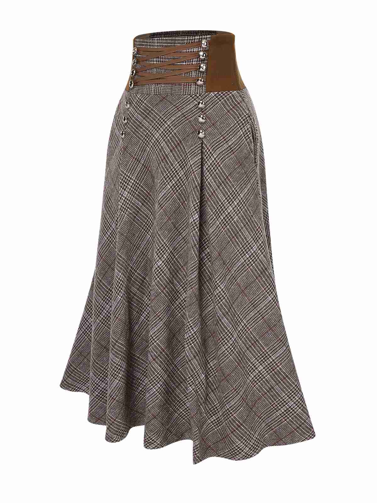 Brown 1940s Lace-Up Glen Plaid Skirt - Image 2