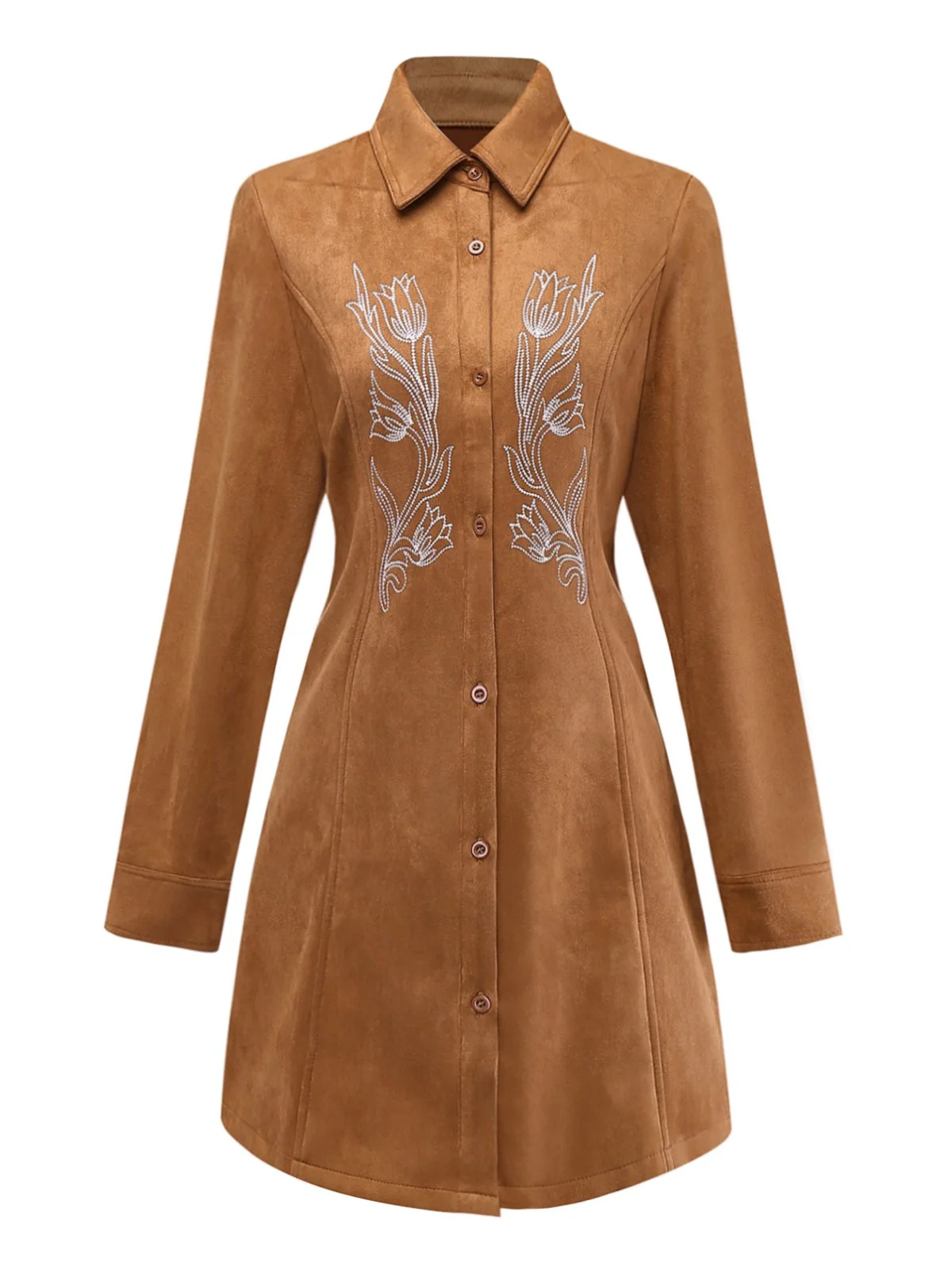 Brown 1970s Lapel Floral Embroidered Faux-Suede Dress - Image 2