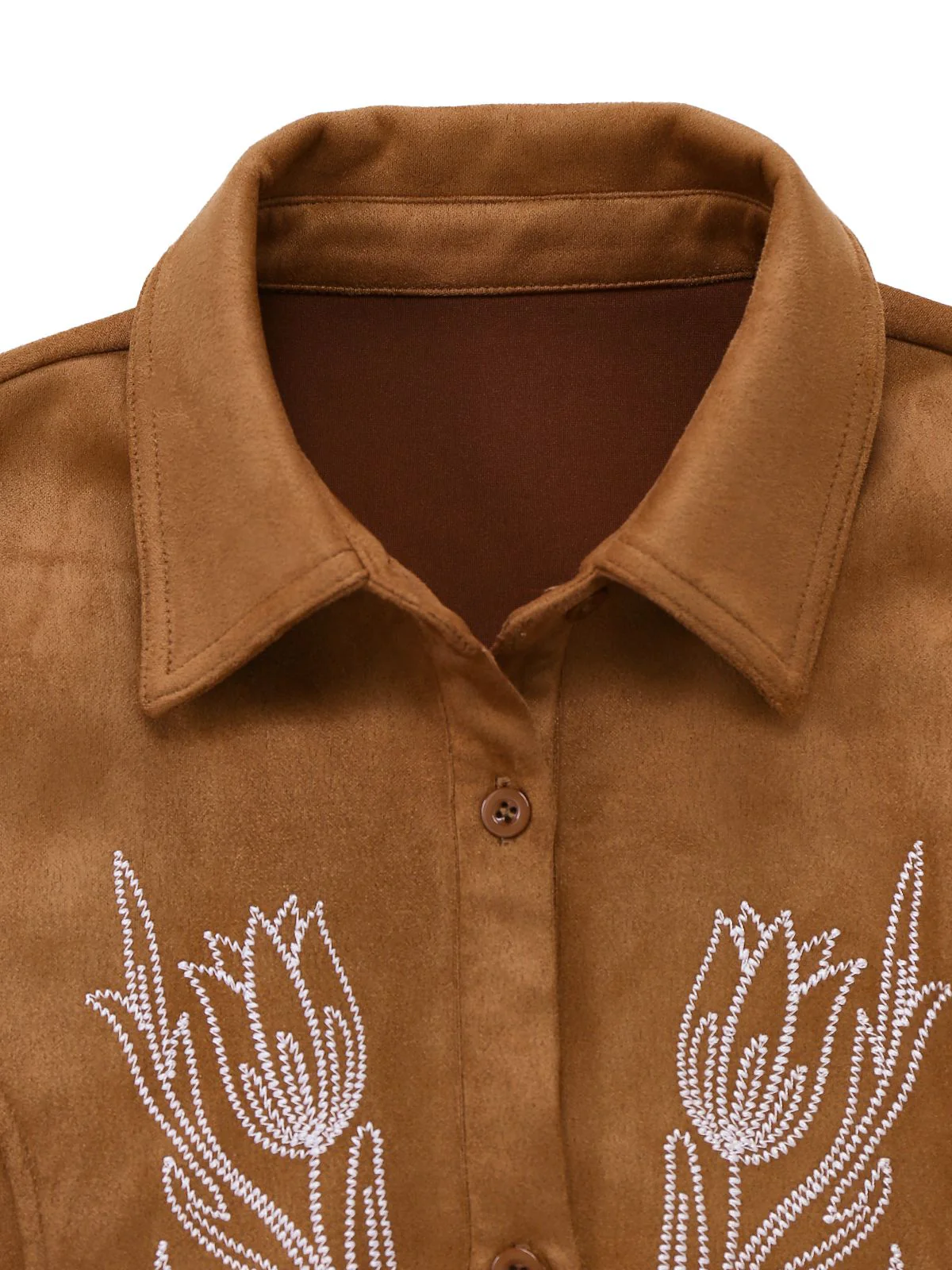 Brown 1970s Lapel Floral Embroidered Faux-Suede Dress - Image 4