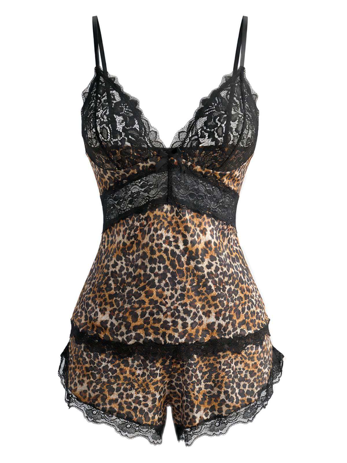 Brown 1970s Leopard Lace Spaghetti Strap Pajama Set - Image 2