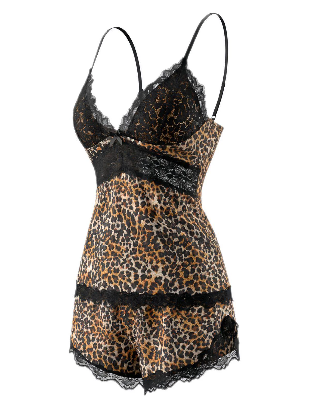 Brown 1970s Leopard Lace Spaghetti Strap Pajama Set - Image 3