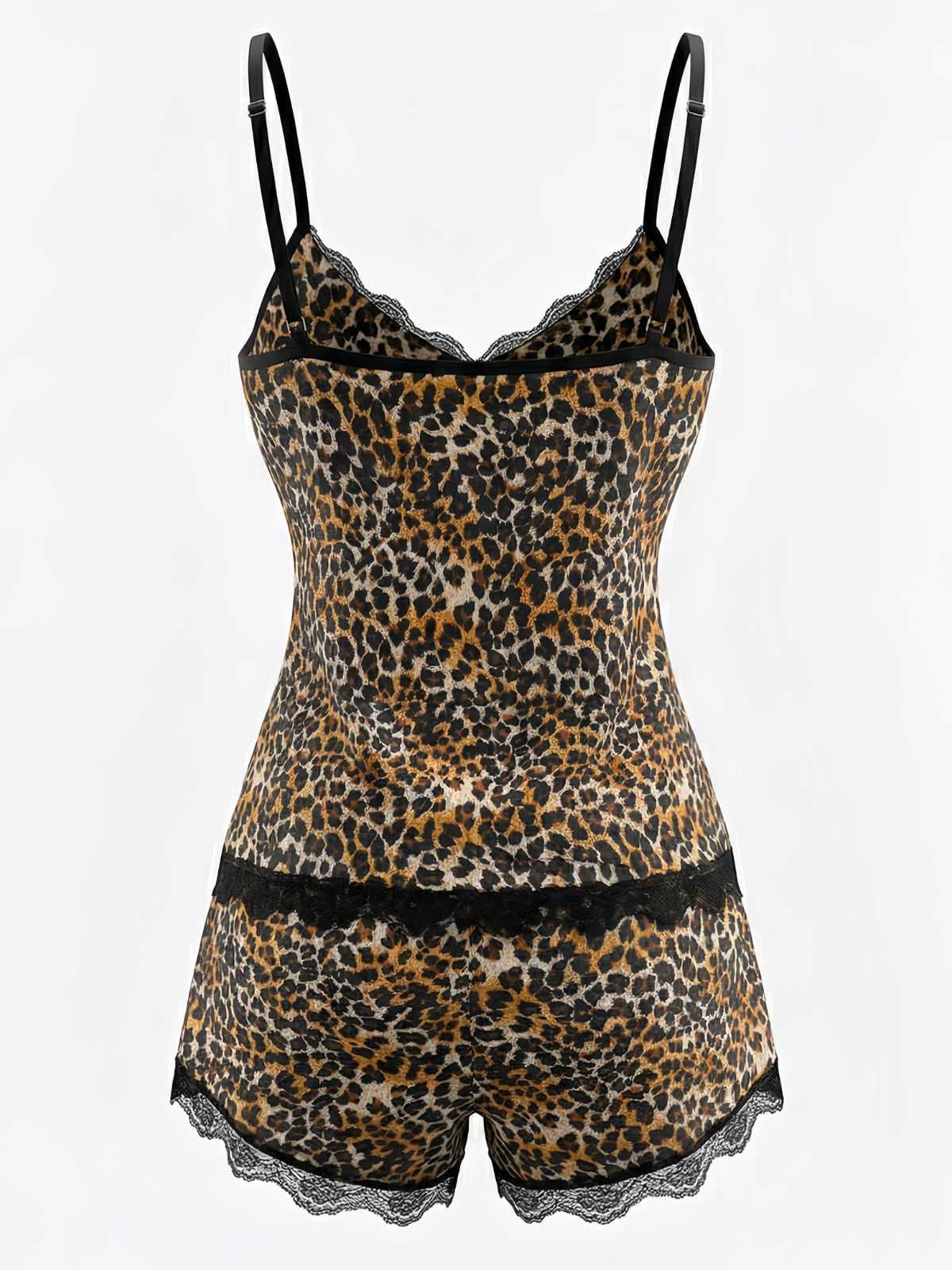 Brown 1970s Leopard Lace Spaghetti Strap Pajama Set - Image 4
