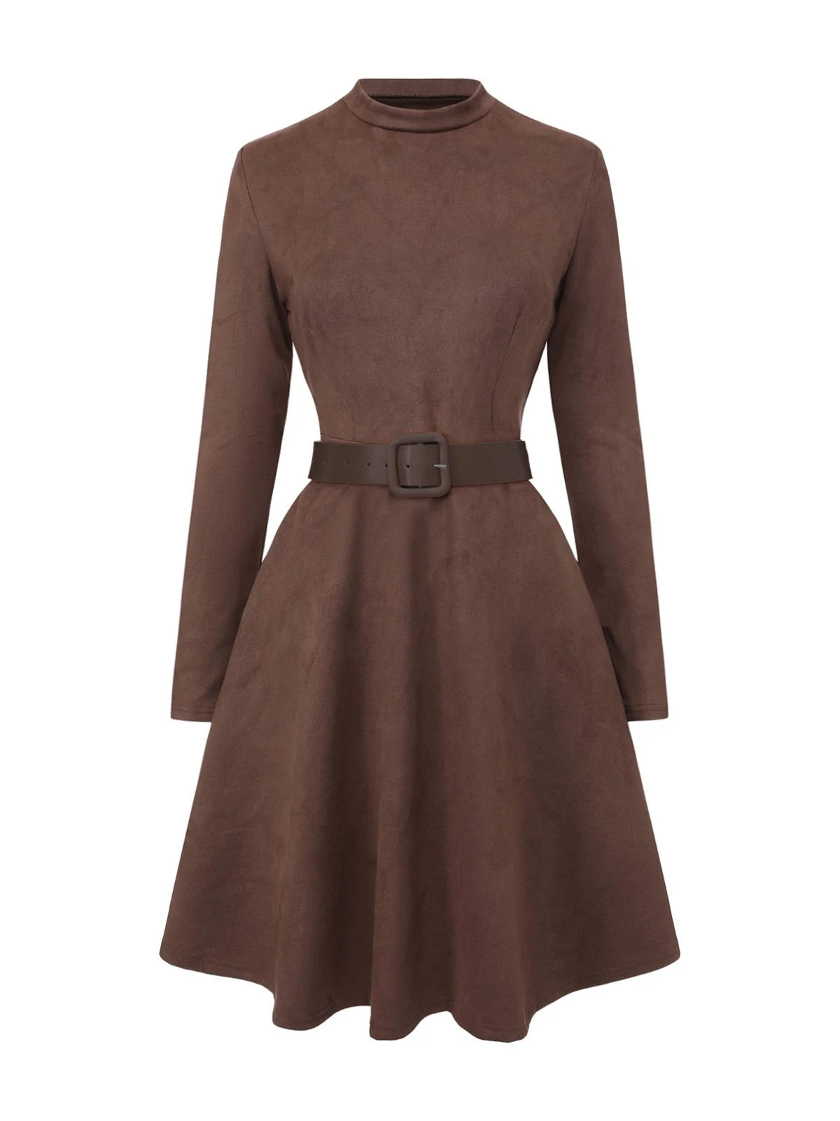 Brown 1970s Long Sleeve Round Neck Dress With Belt - Image 2