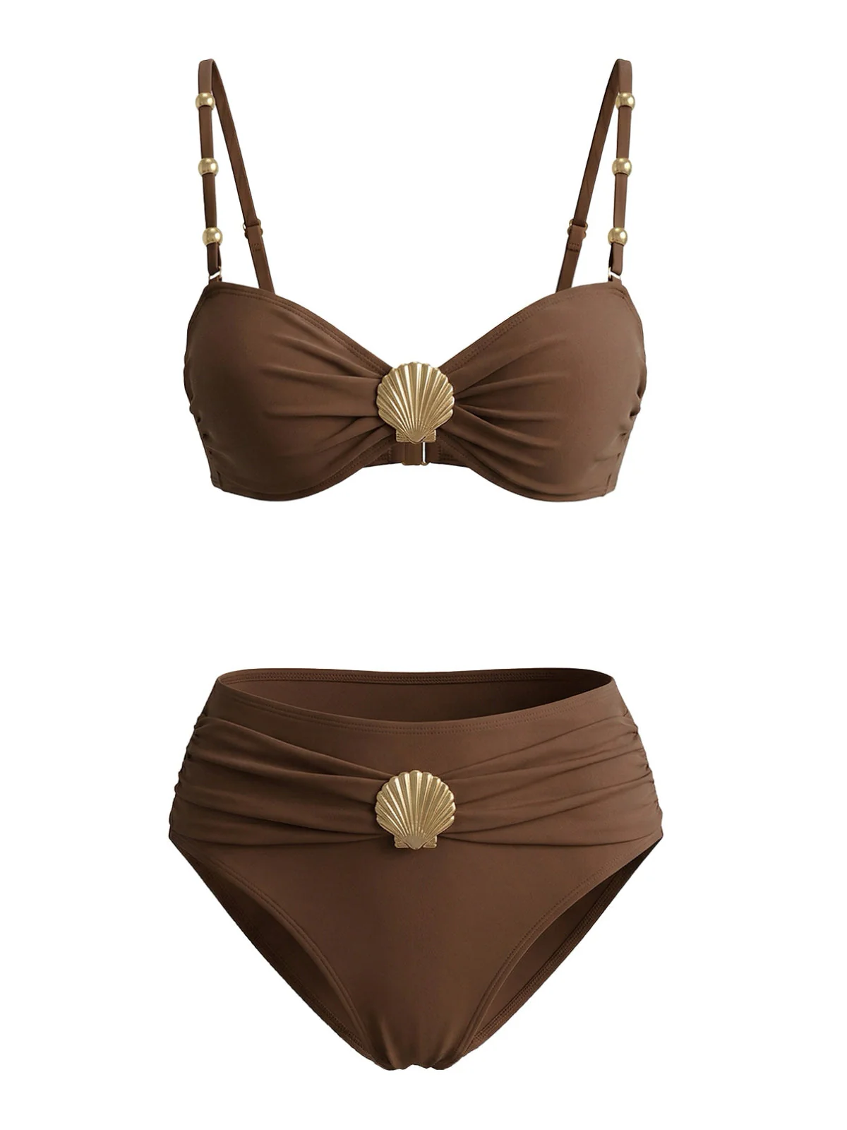 Brown 1970s Metal Shell Decor Ruched Bikini Set - Image 2