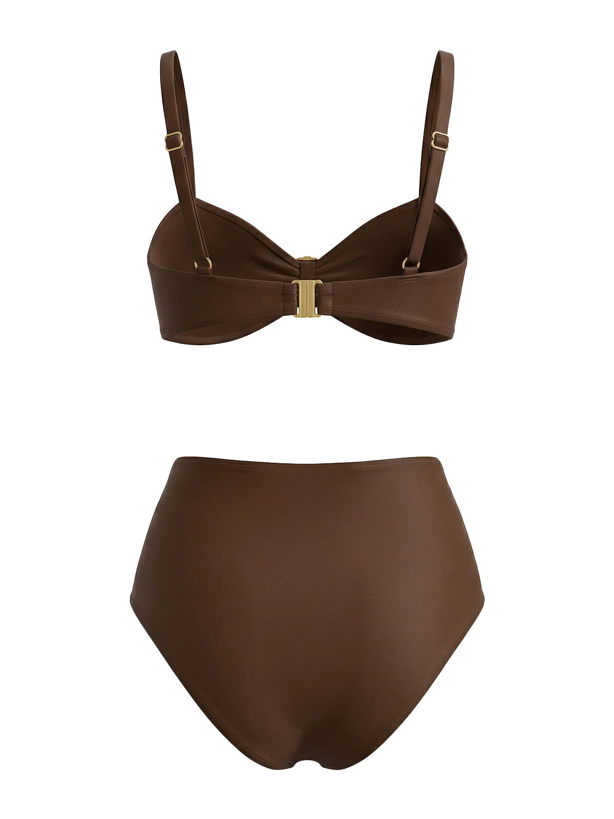 Brown 1970s Metal Shell Decor Ruched Bikini Set - Image 3