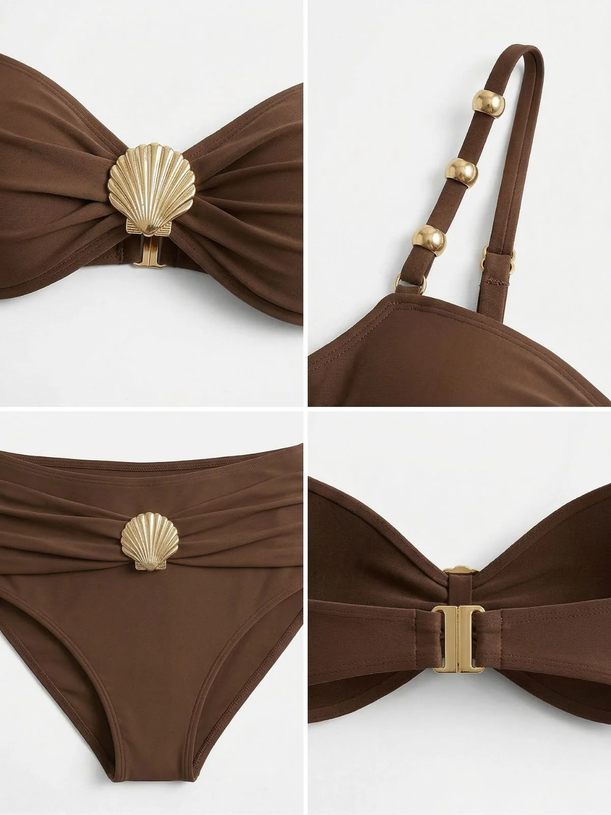 Brown 1970s Metal Shell Decor Ruched Bikini Set - Image 4