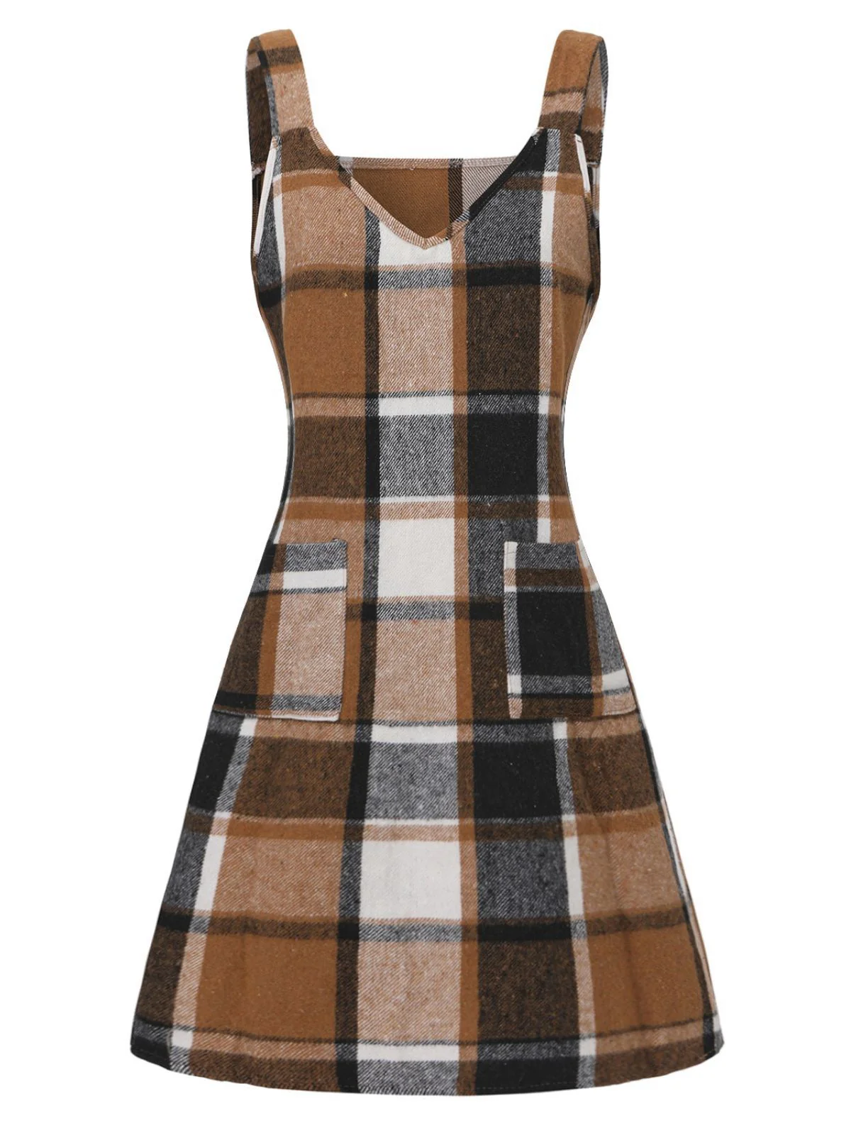Brown 1970s Plaid V-Neck Pocket Overall Dress - Image 2