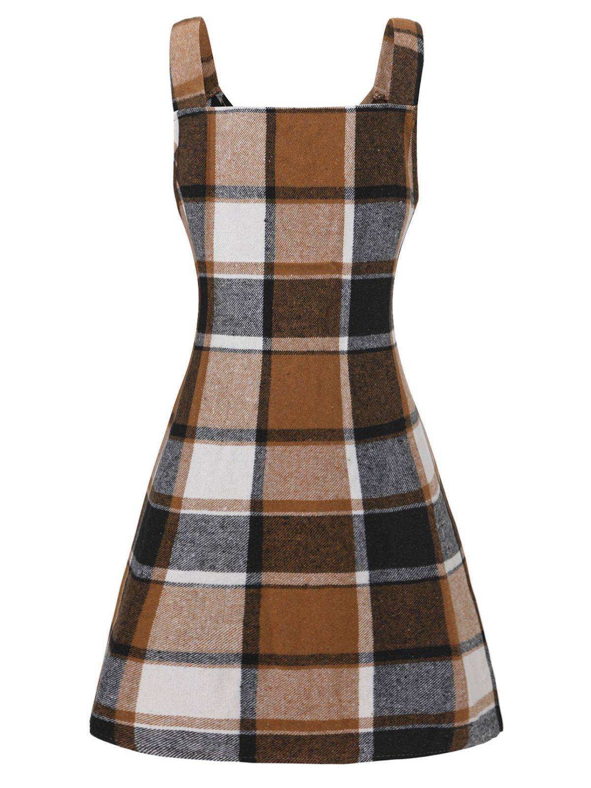 Brown 1970s Plaid V-Neck Pocket Overall Dress - Image 3