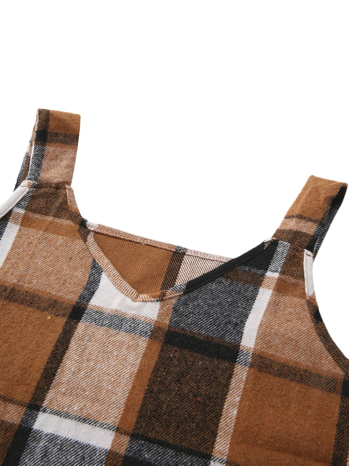 Brown 1970s Plaid V-Neck Pocket Overall Dress - Image 4
