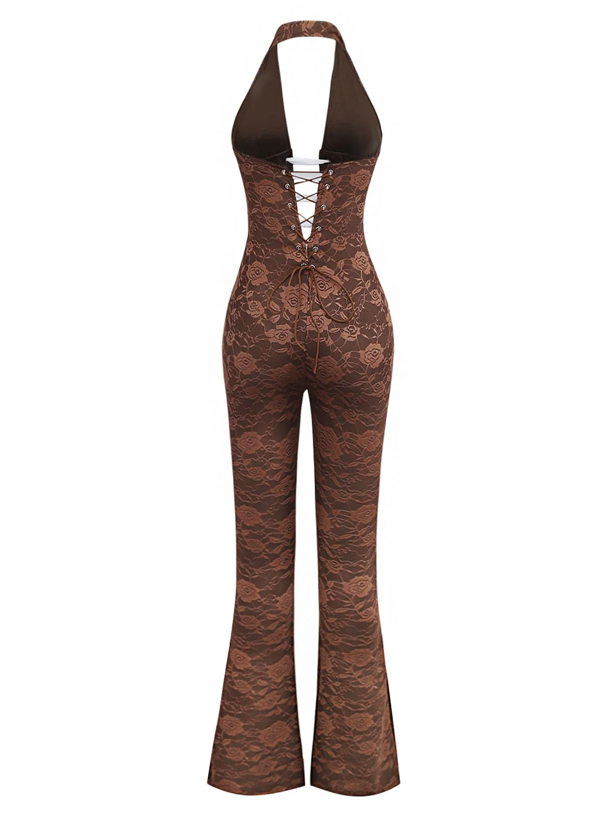 Brown 1970s Solid Lace-Up Floral Lace Jumpsuit - Image 2