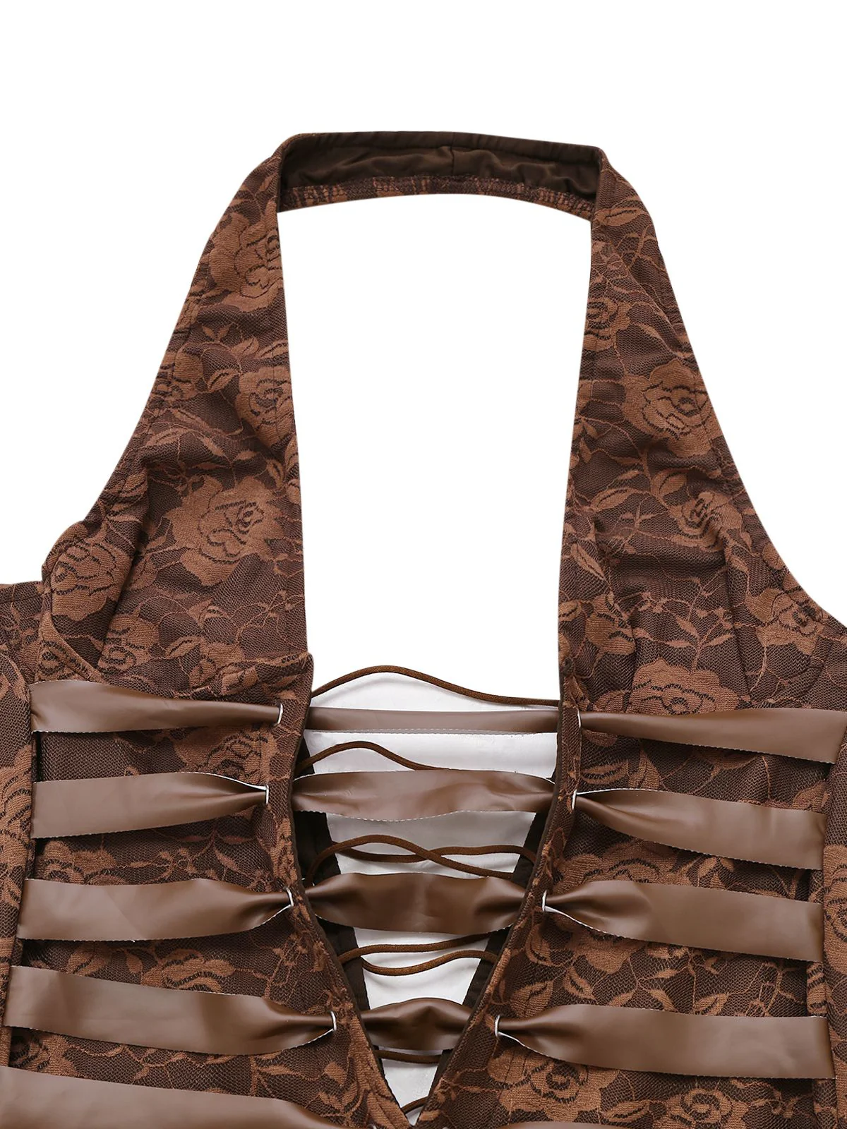 Brown 1970s Solid Lace-Up Floral Lace Jumpsuit - Image 3