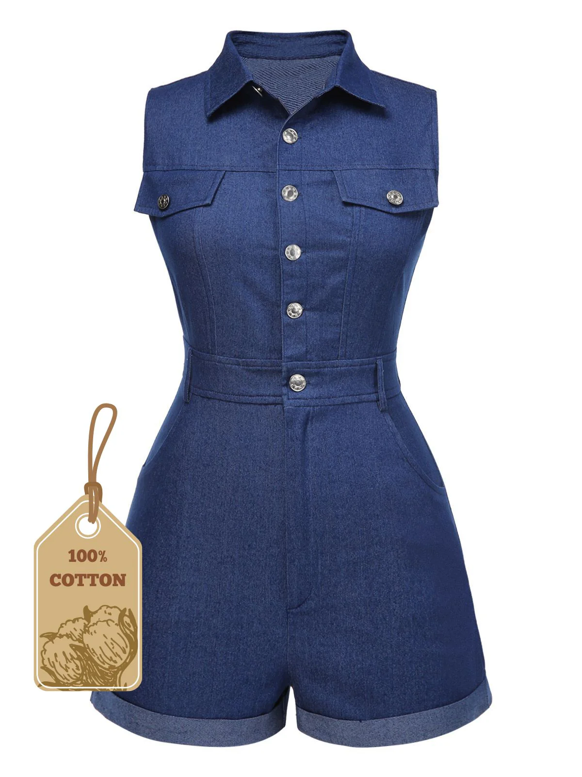 Blue 1970s Solid Cotton Sleeveless Denim Romper - Image 3