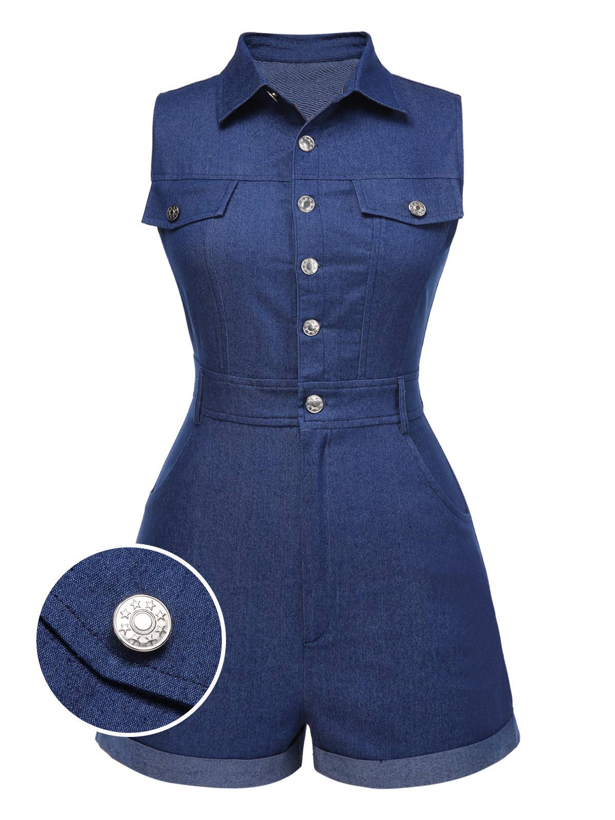 Blue 1970s Solid Cotton Sleeveless Denim Romper - Image 4