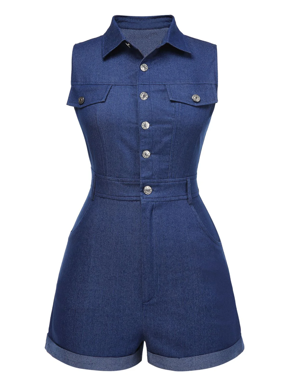 Blue 1970s Solid Cotton Sleeveless Denim Romper - Image 5