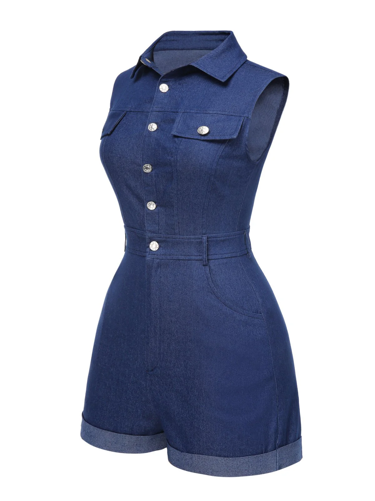 Blue 1970s Solid Cotton Sleeveless Denim Romper - Image 6
