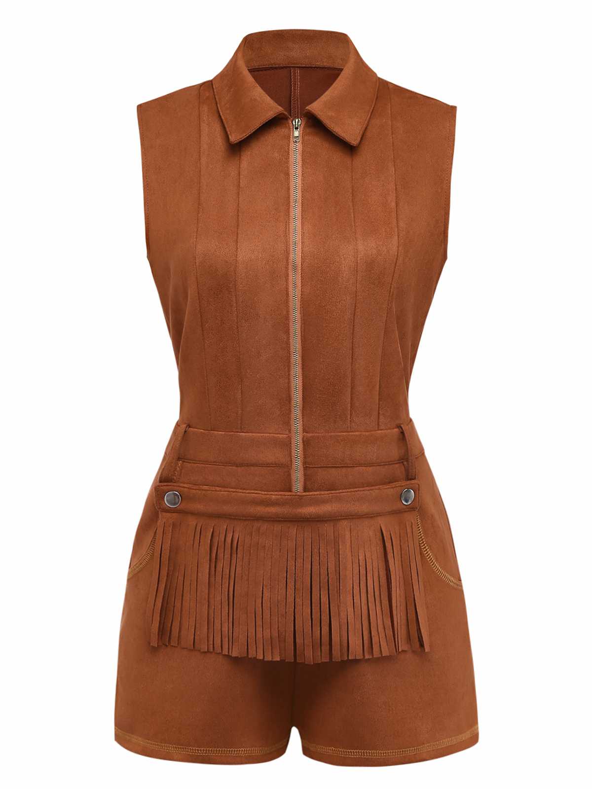 Brown 1970s Western Cowboy Suede Fringe Sleeveless Romper - Image 2