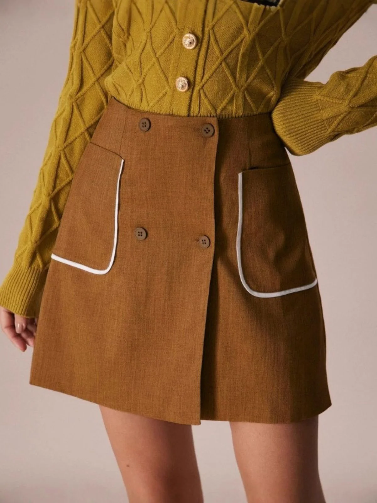 Brown 1980s Button Pocket High Waist A-Line Skirt - Image 2