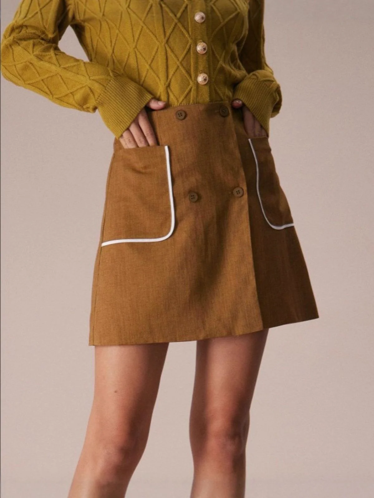 Brown 1980s Button Pocket High Waist A-Line Skirt - Image 3