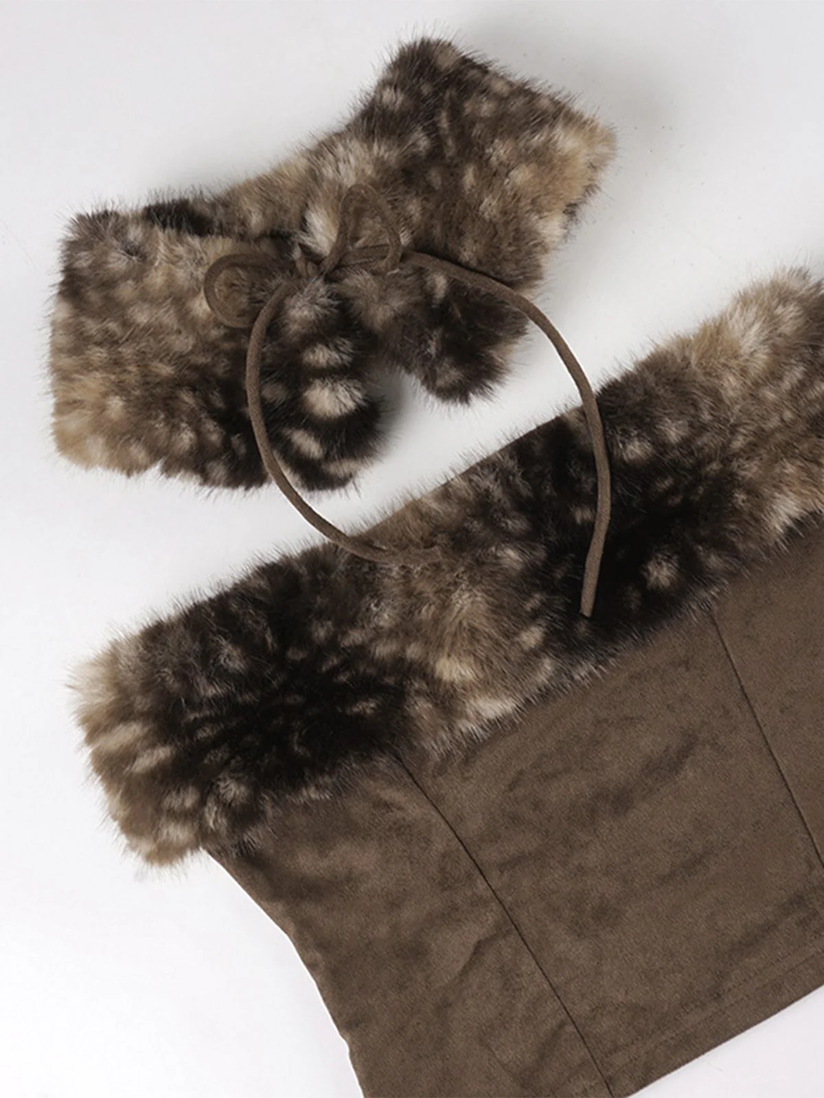 Brown 1980s Deer Faux Fur-Trimmed Crop Top - Image 4