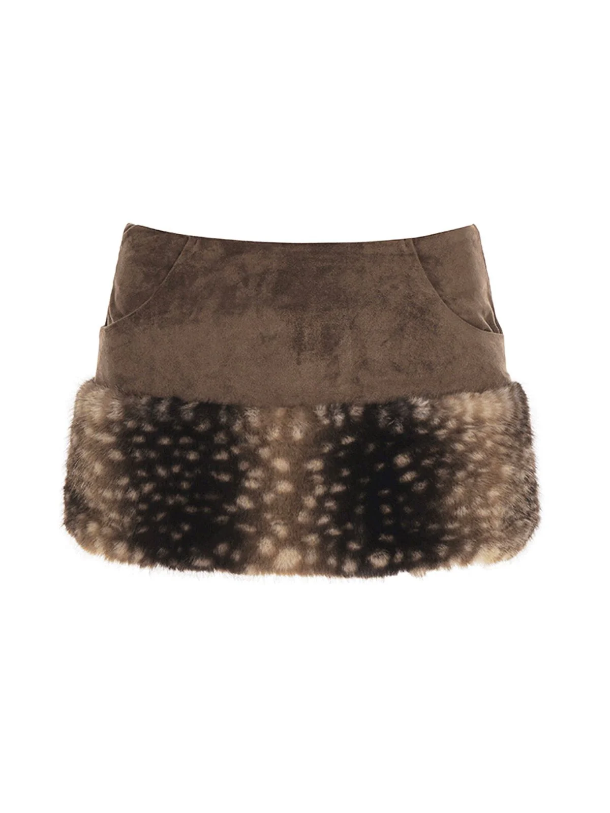 2PCS Brown 1980s Deer Faux Fur-Trimmed Crop Top & Skirt - Image 6