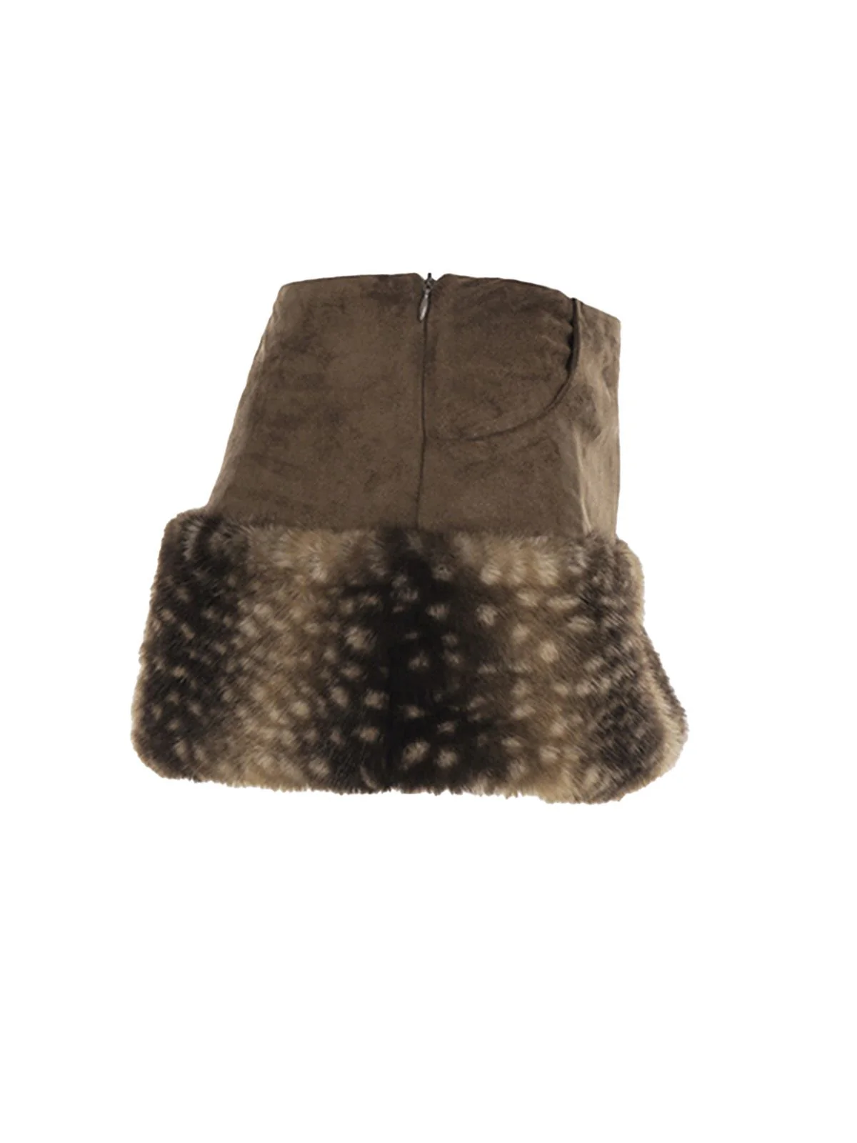 2PCS Brown 1980s Deer Faux Fur-Trimmed Crop Top & Skirt - Image 7