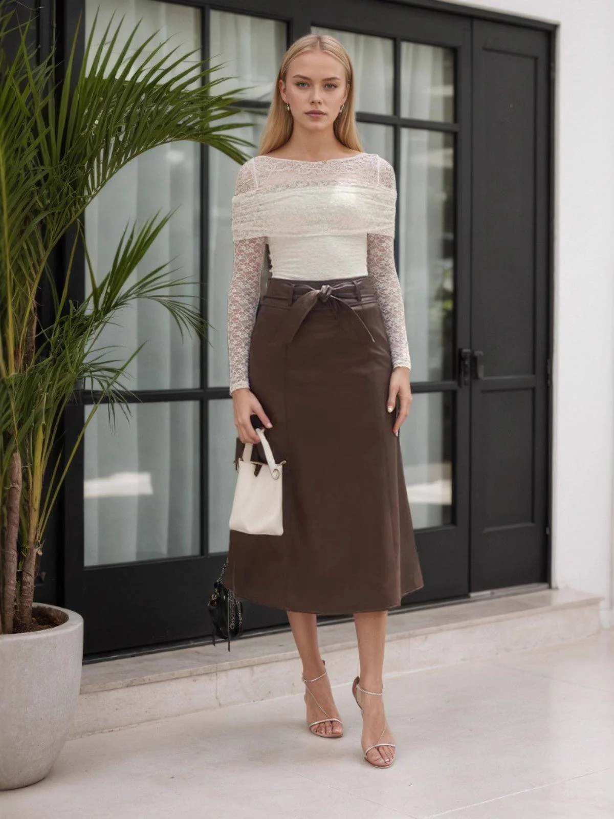 Brown 1980s Leather High-Waist Midi Skirt - Image 3