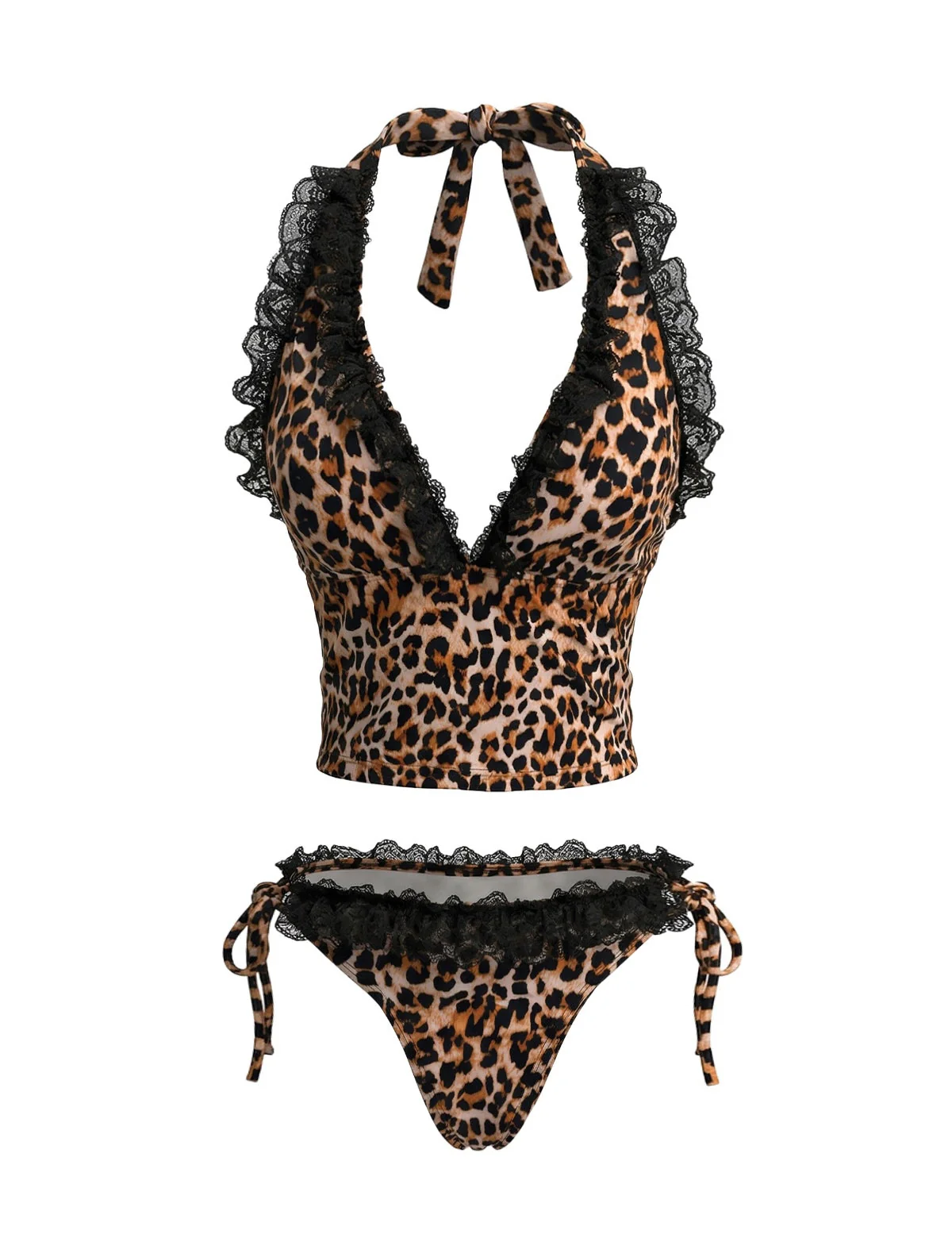 Brown 1980s Leopard Print Lace Trim Halter Tie Bikini Set - Image 2