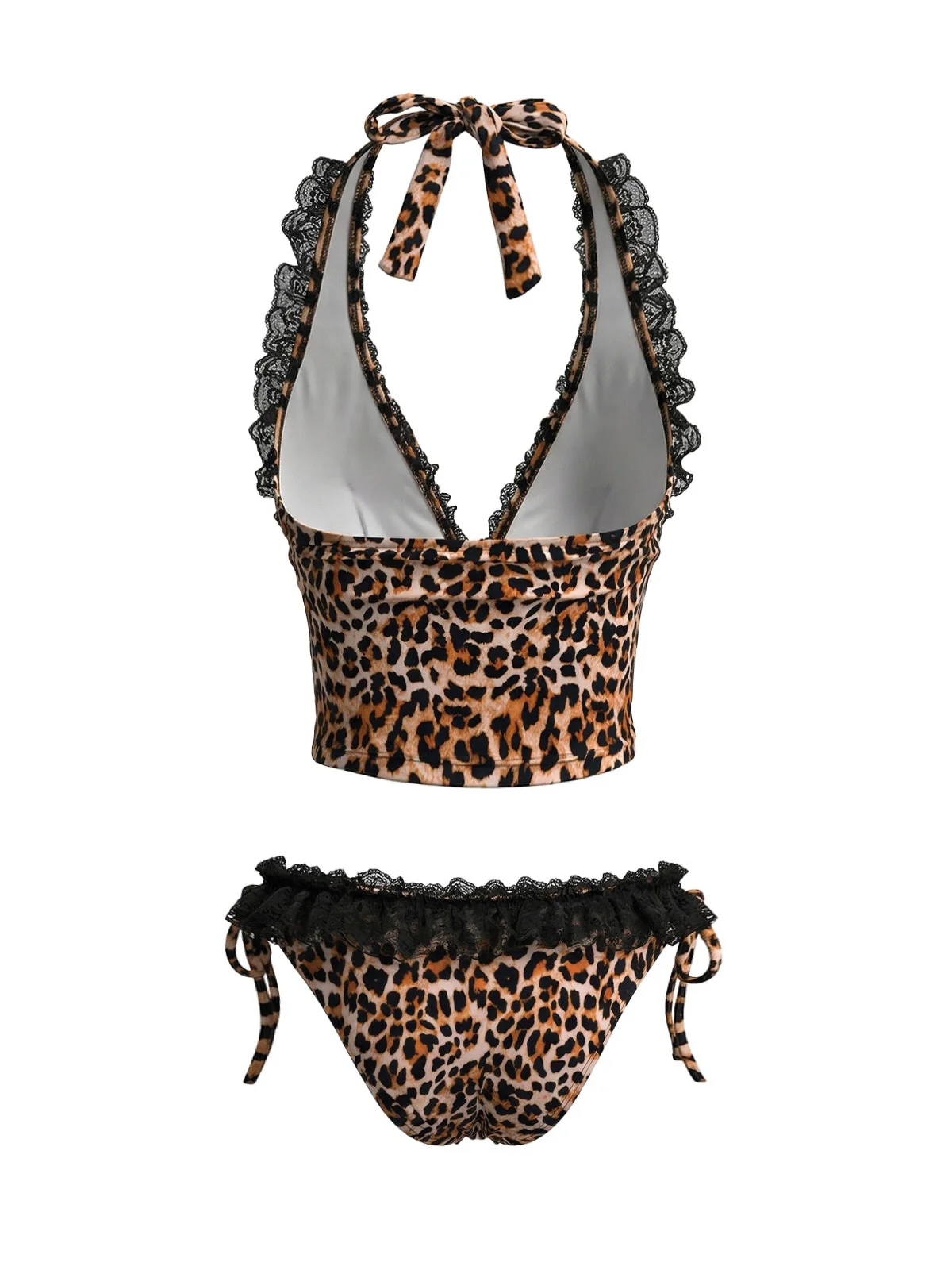 Brown 1980s Leopard Print Lace Trim Halter Tie Bikini Set - Image 3
