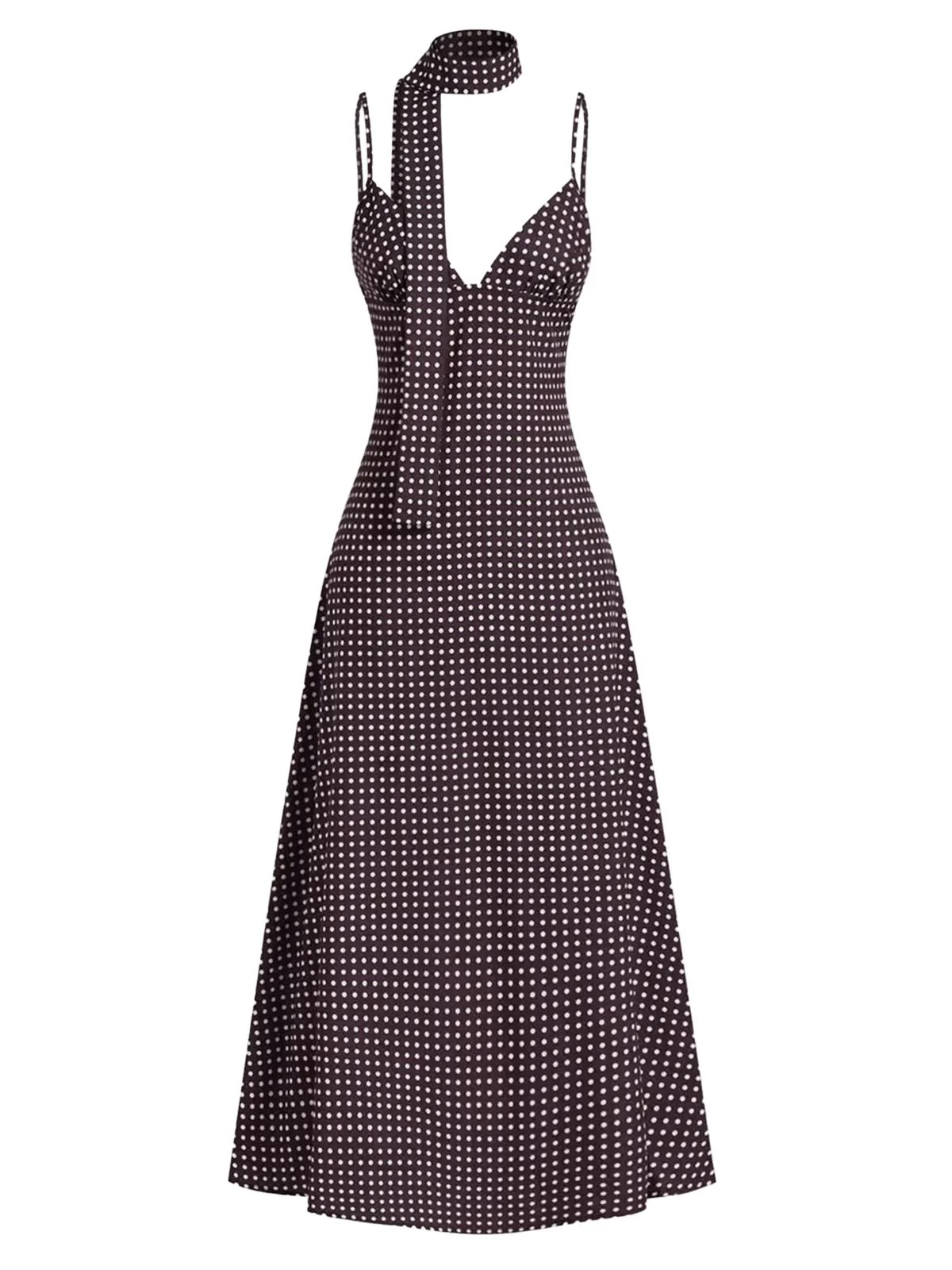 Brown 1980s V-Neck Polka Dot Tie Spaghetti Strap Dress - Image 2