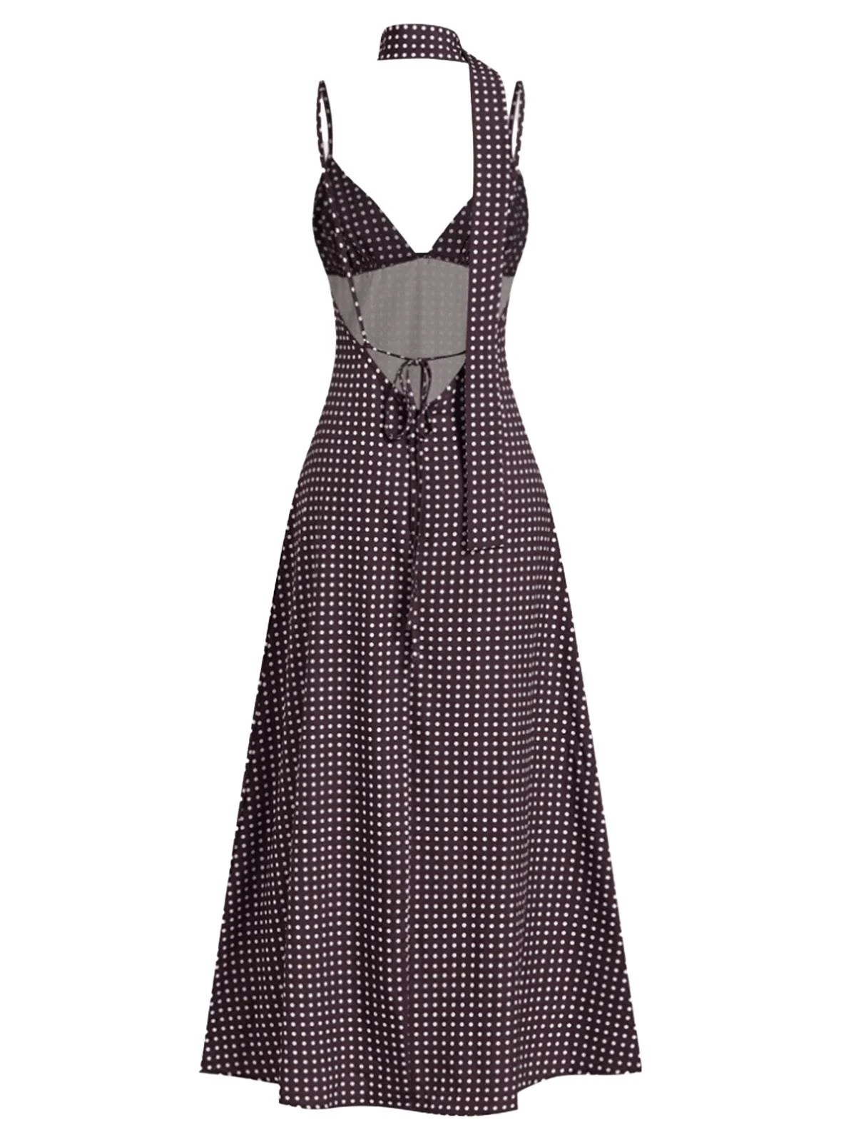 Brown 1980s V-Neck Polka Dot Tie Spaghetti Strap Dress - Image 3