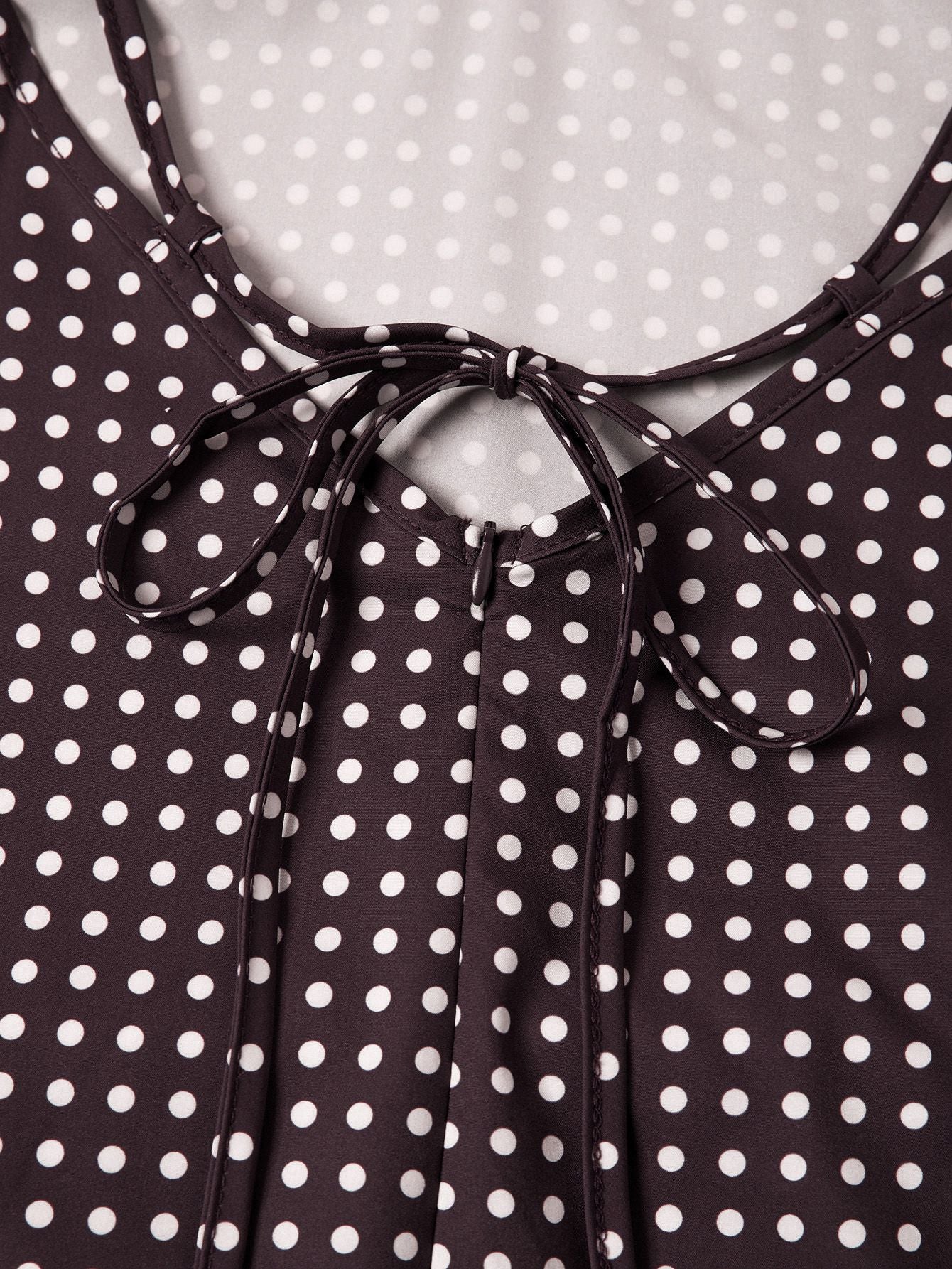 Brown 1980s V-Neck Polka Dot Tie Spaghetti Strap Dress - Image 5
