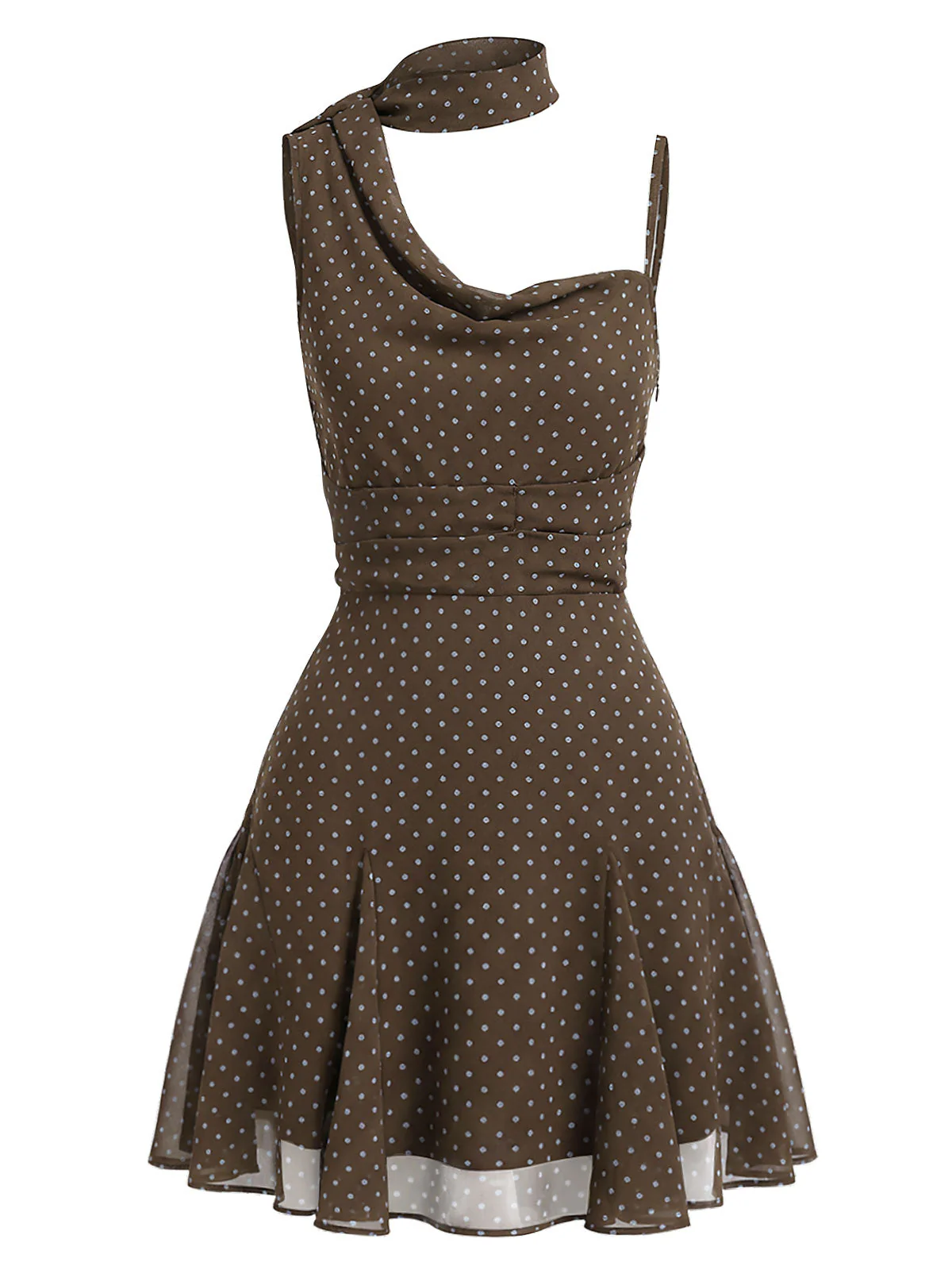 [Pre-Sale] Brown 2000s Polka Dot Asymmetric Tie-Neck Chiffon Dress - Image 2