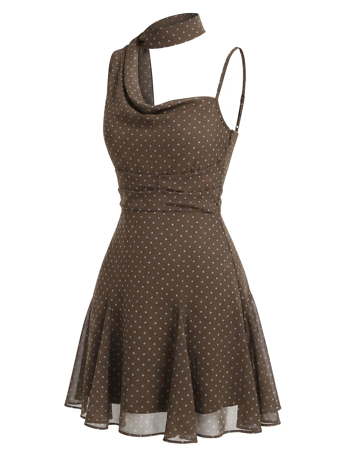 [Pre-Sale] Brown 2000s Polka Dot Asymmetric Tie-Neck Chiffon Dress - Image 3