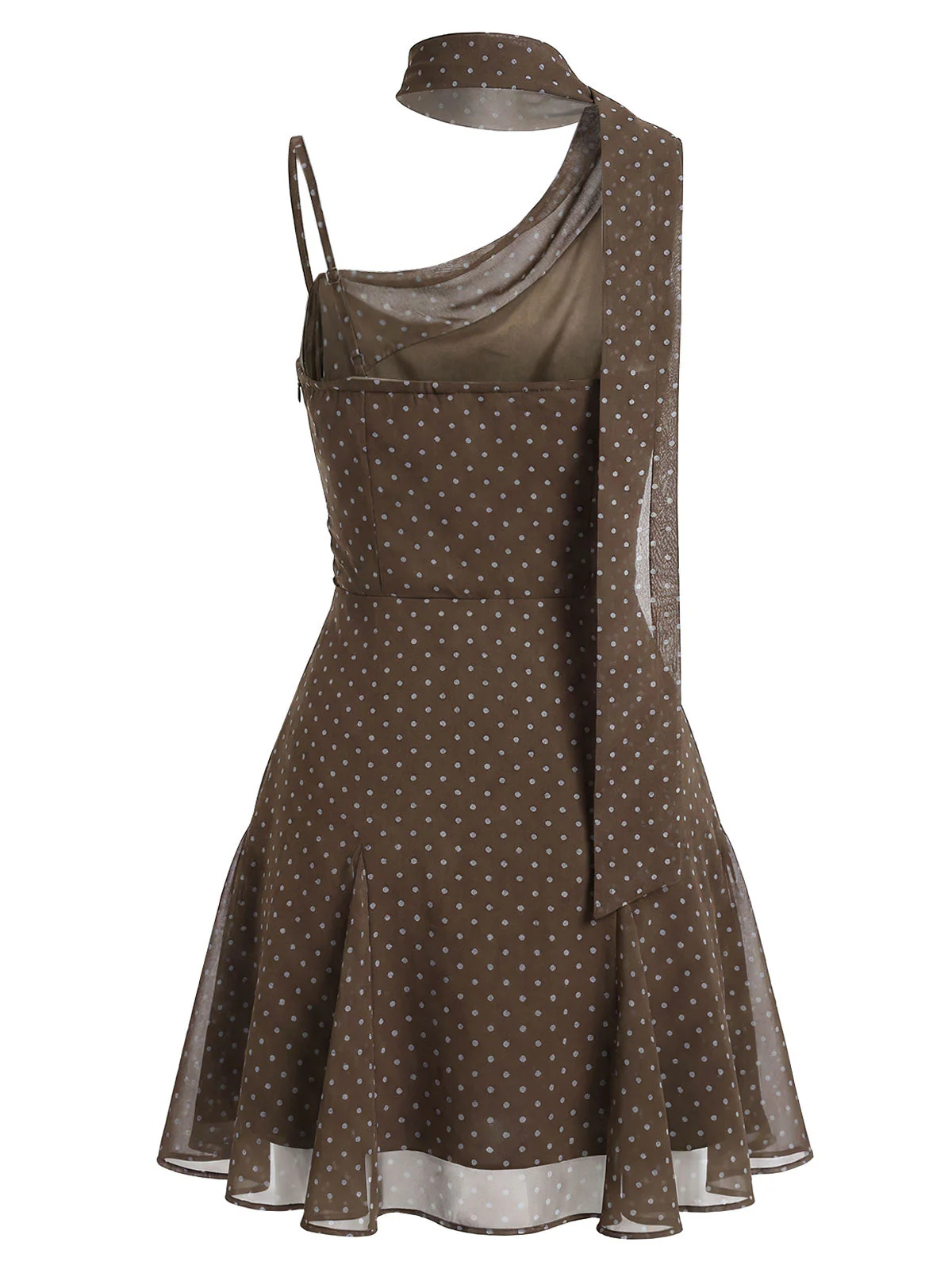 [Pre-Sale] Brown 2000s Polka Dot Asymmetric Tie-Neck Chiffon Dress - Image 4
