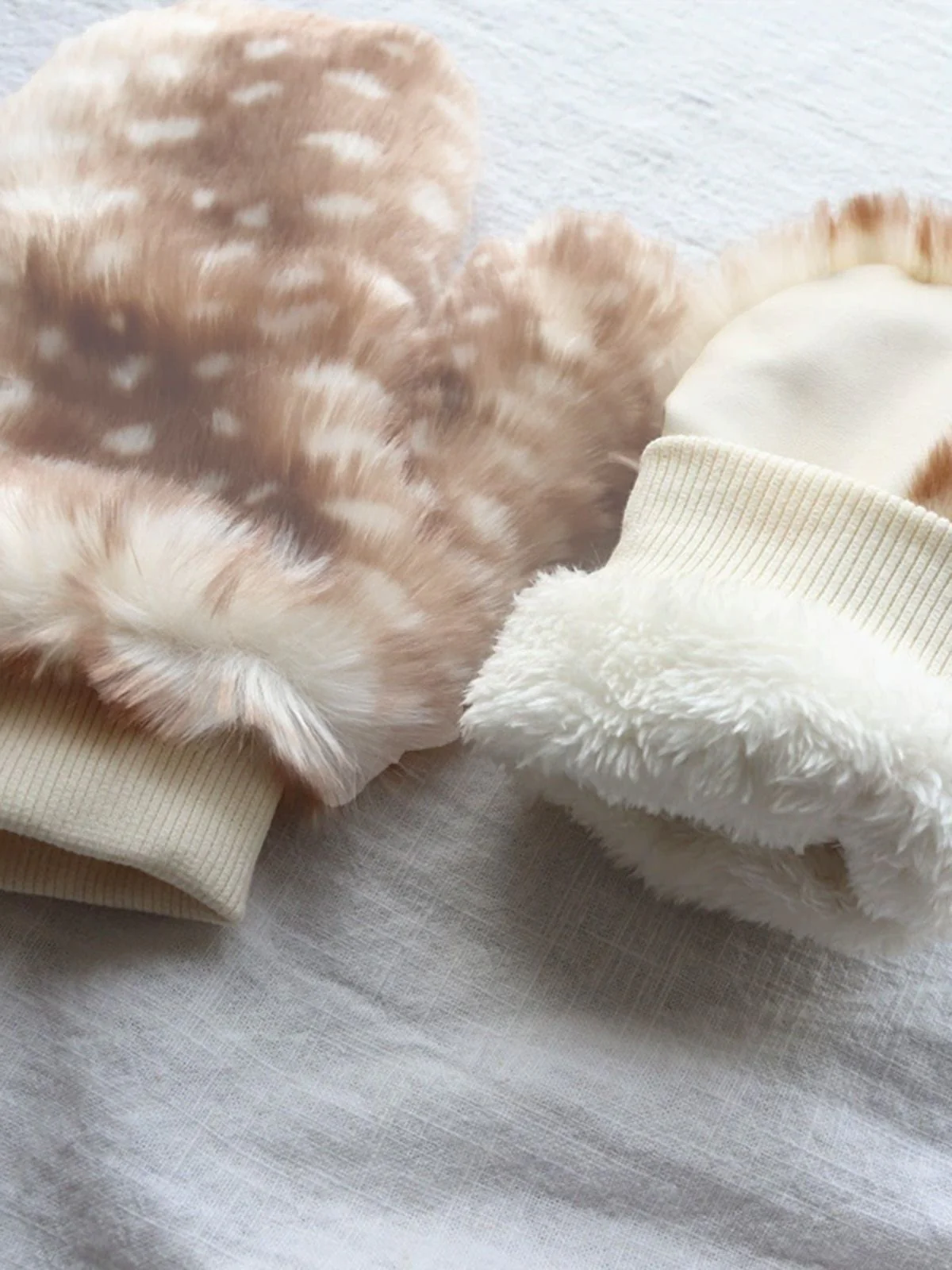 Brown Fawn Print Fur Mittens - Image 2