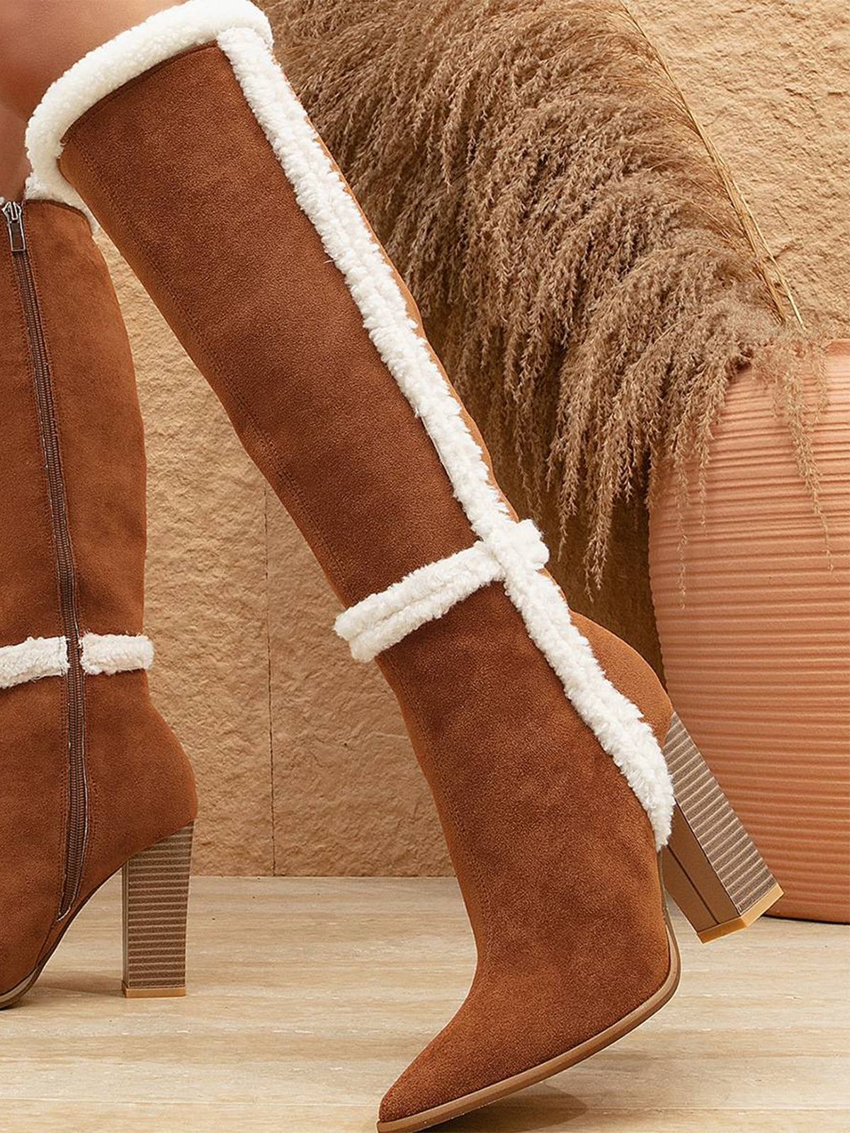 Brown Flannelette Patchwork Chunky Heel Boots - Image 3