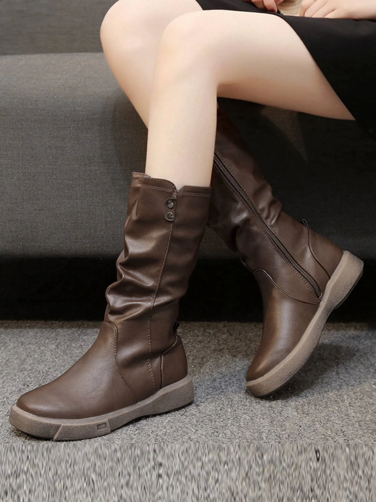 Brown Leather Stacked Pleated Flat Boots - Image 2