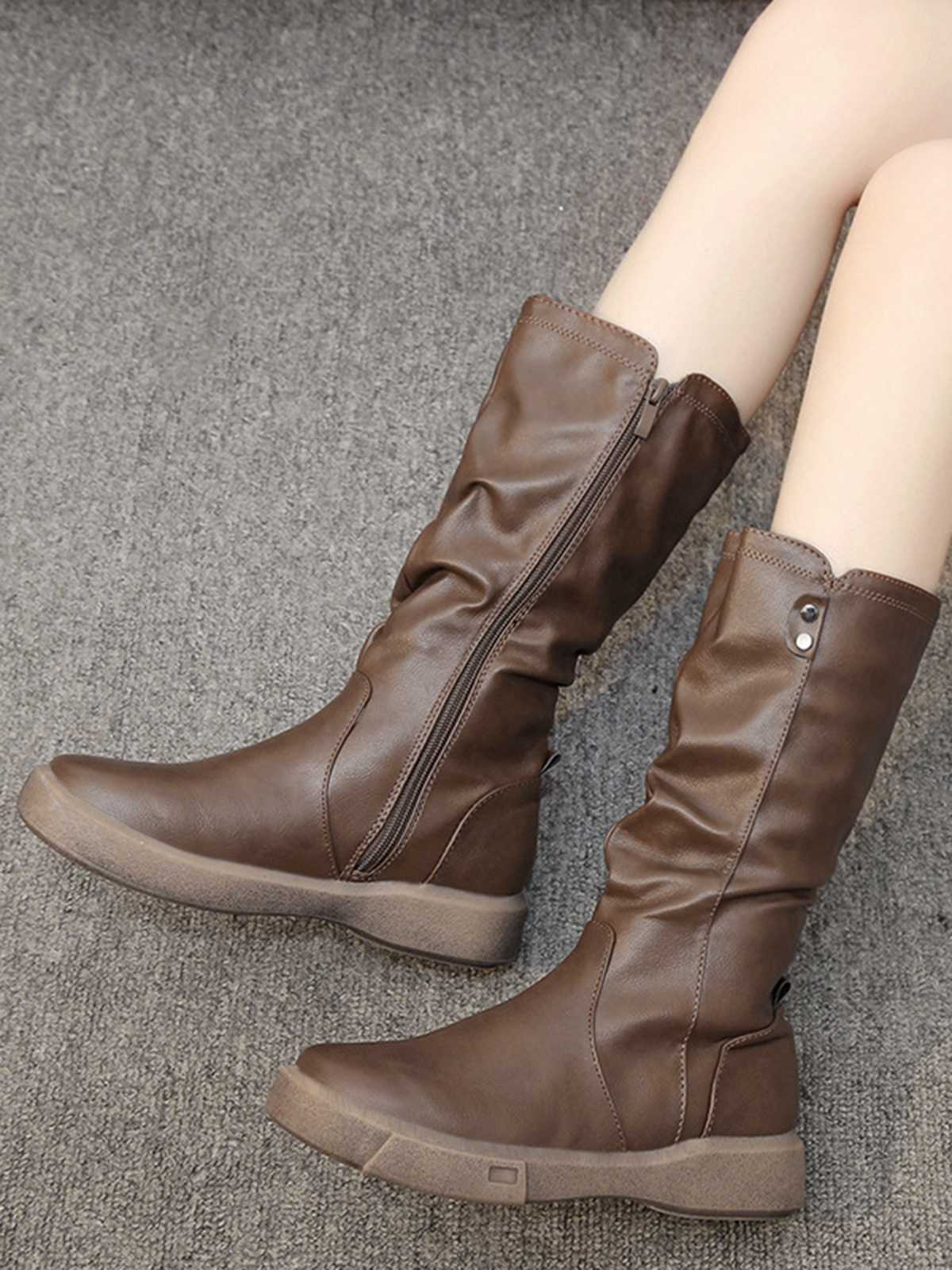 Brown Leather Stacked Pleated Flat Boots - Image 3