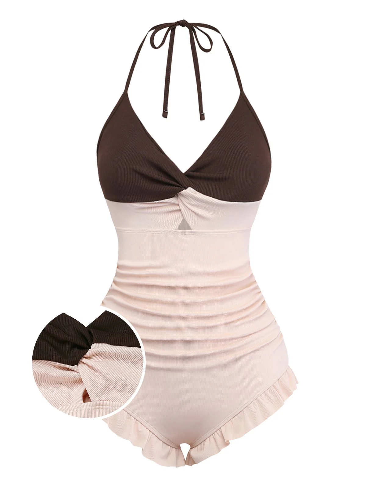 Brown & Pink 1940s Color-Block Ruffled High-Waisted Swimsuit - Image 2
