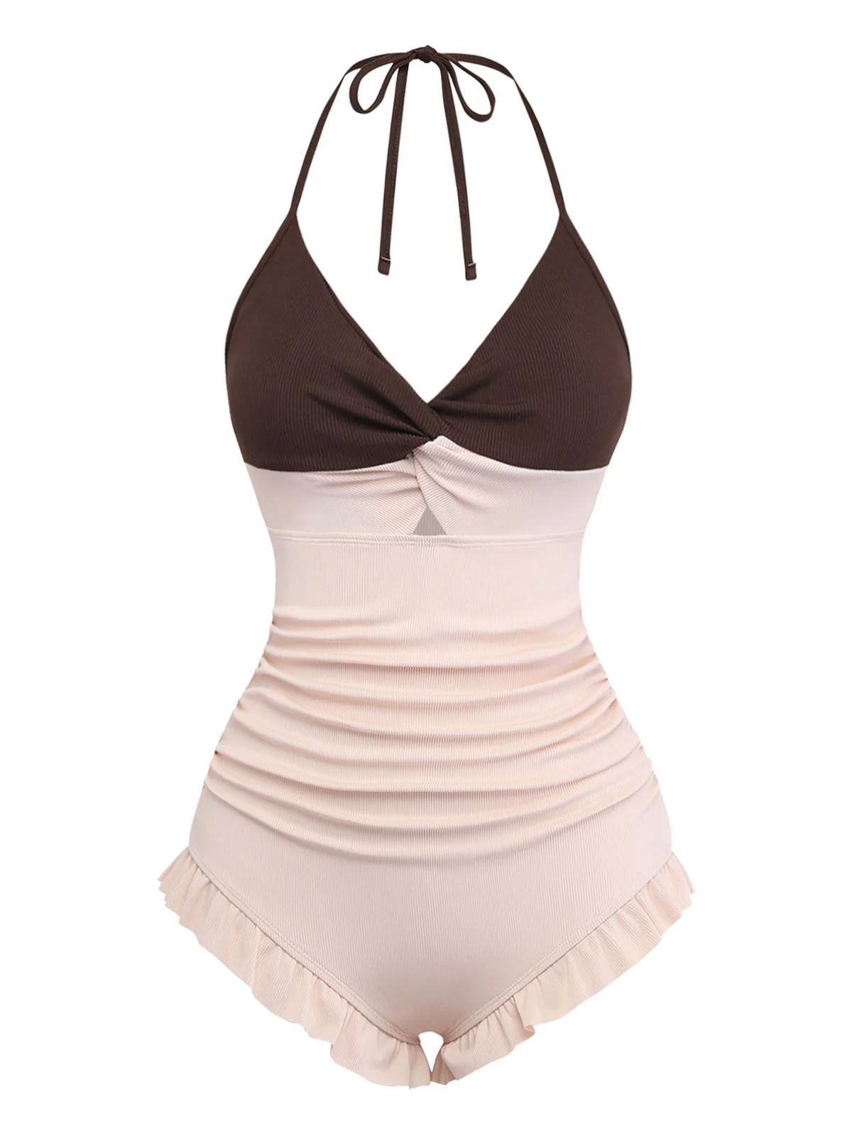 Brown & Pink 1940s Color-Block Ruffled High-Waisted Swimsuit - Image 3