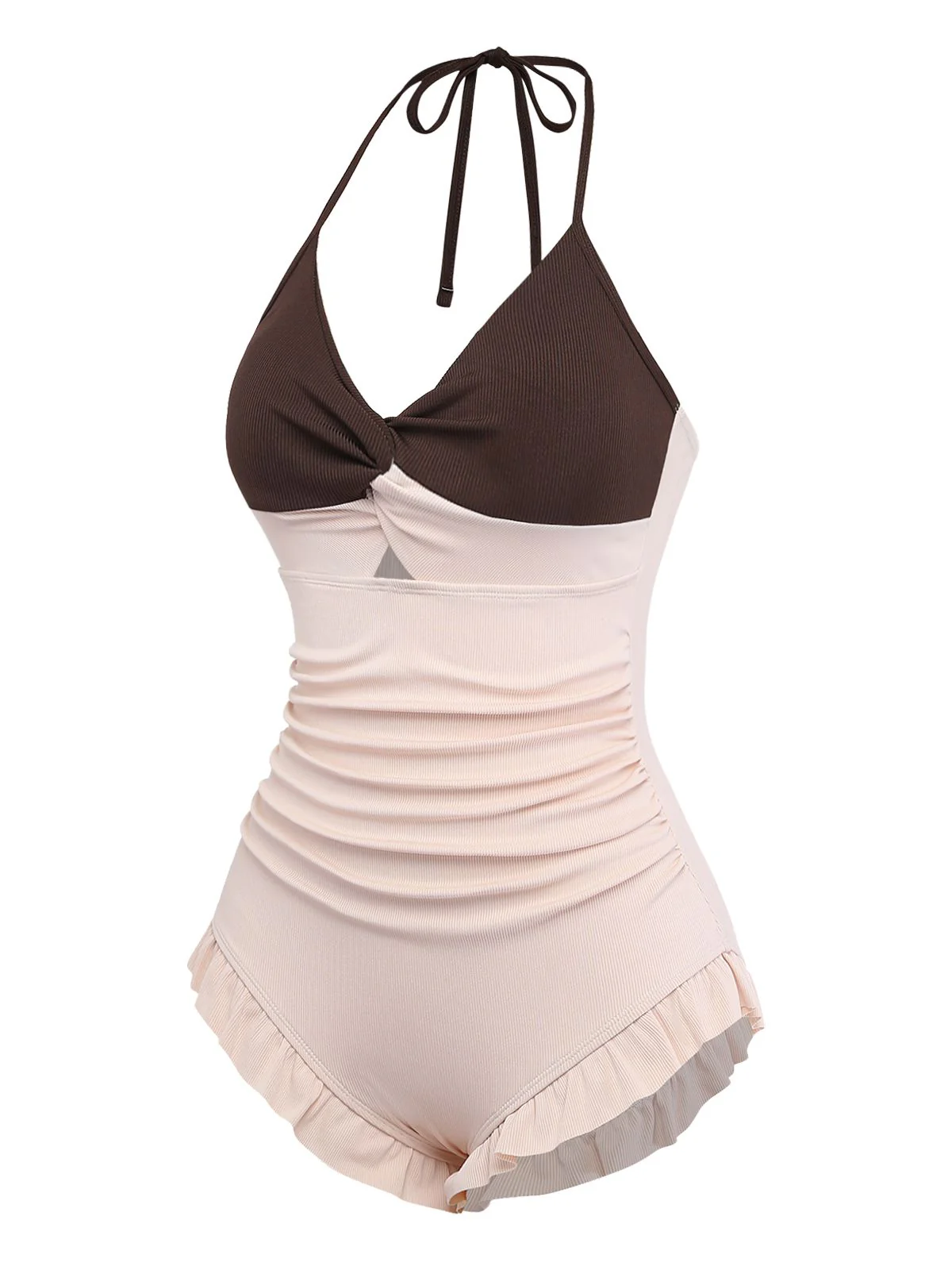 Brown & Pink 1940s Color-Block Ruffled High-Waisted Swimsuit - Image 4